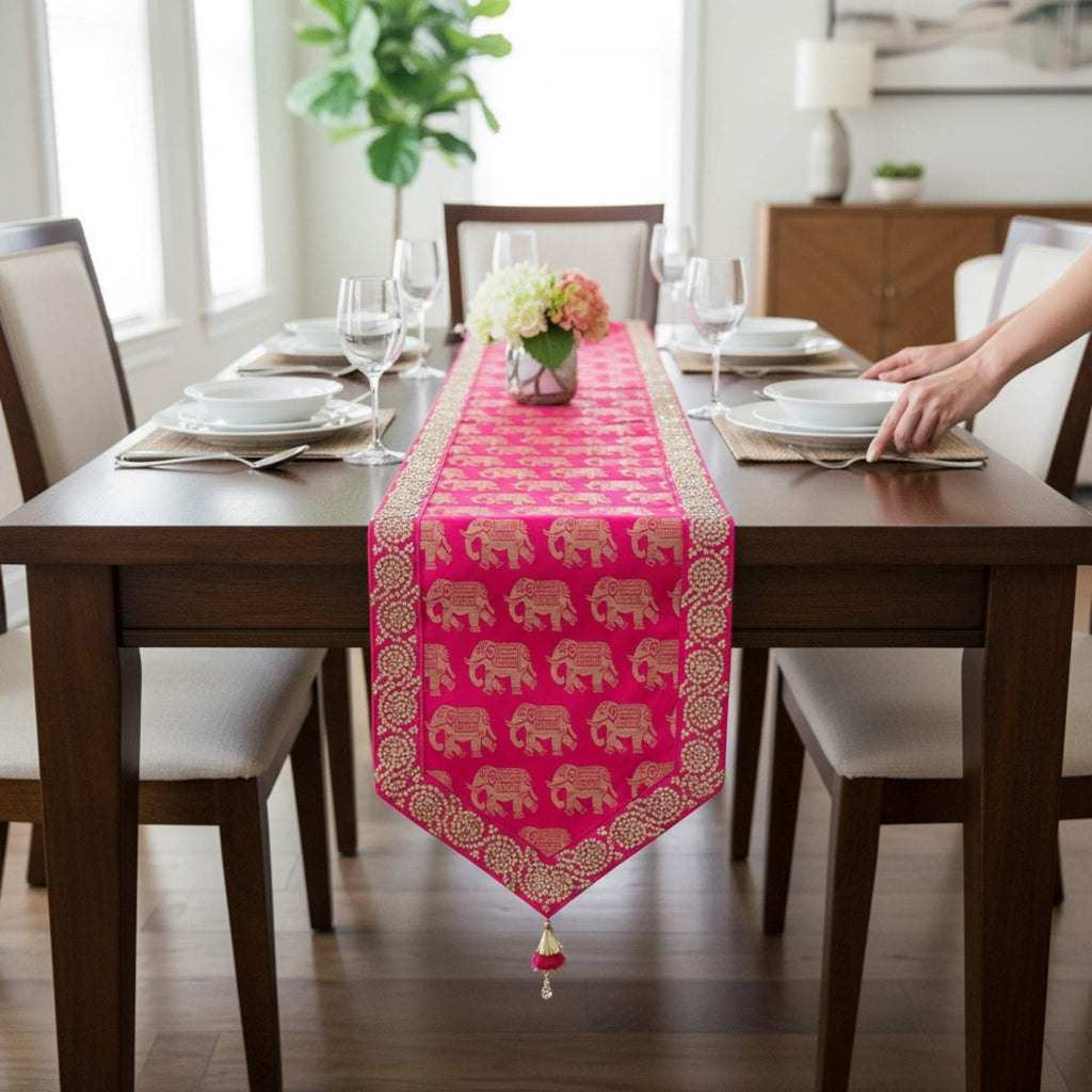 Silk Table Runner - Elephant & Floral, 78 or 108 Inch