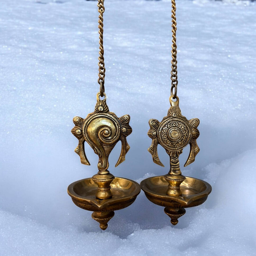 Brass Shankh and Chakra Hanging Diya - Set of 2 with Chains