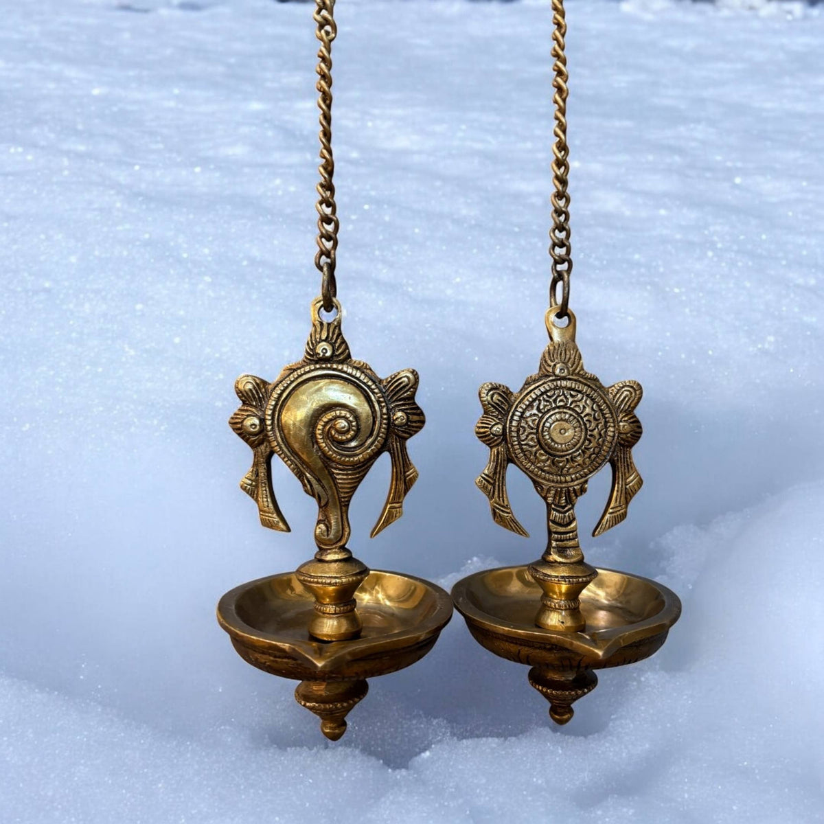 Brass Shankh and Chakra Hanging Diya - Set of 2 with Chains