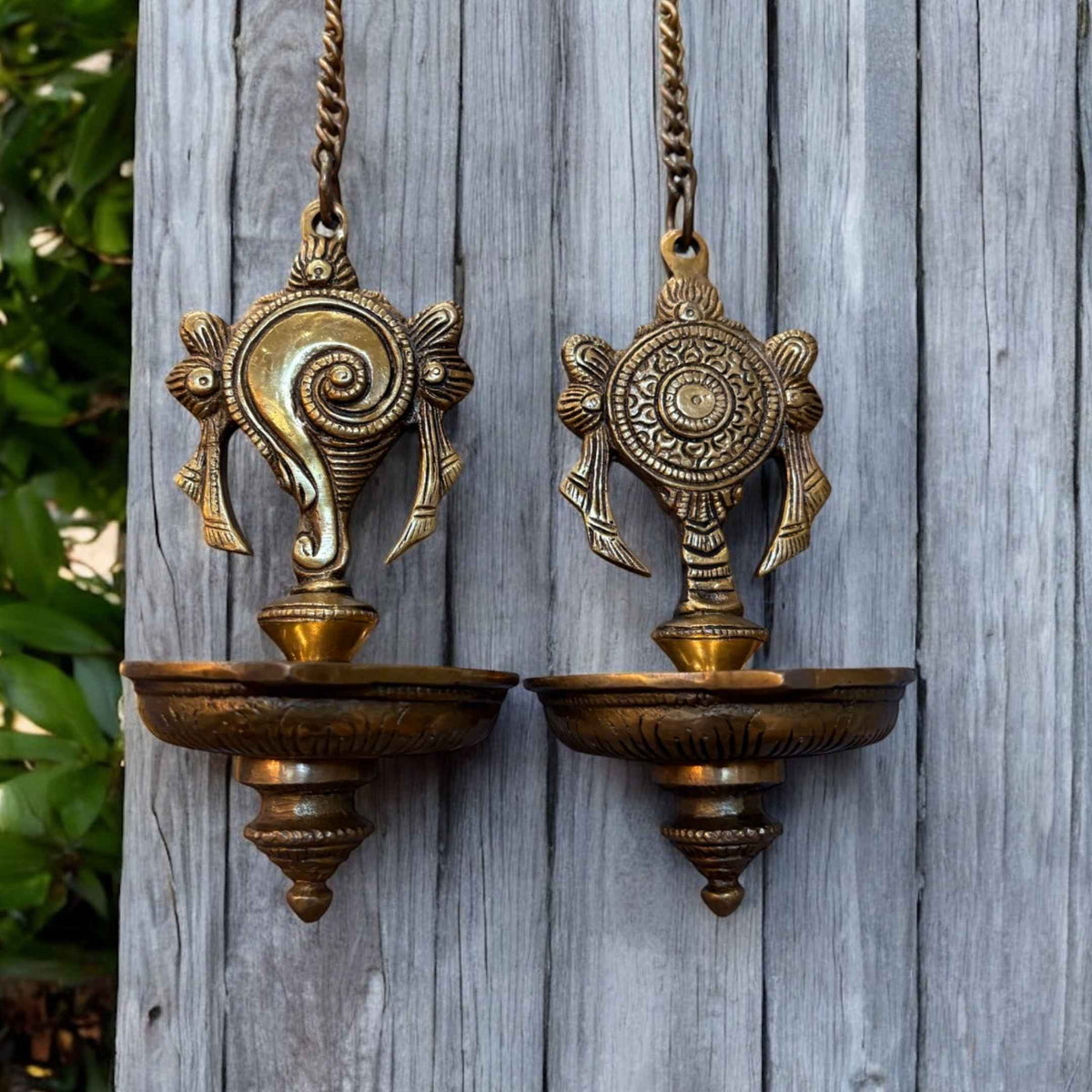 Brass Shankh and Chakra Hanging Diya - Set of 2 with Chains
