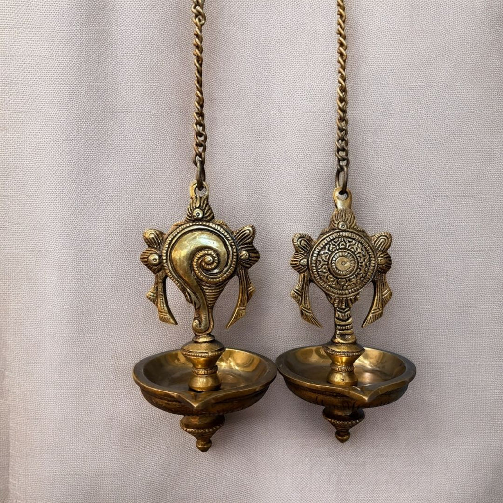 Brass Shankh and Chakra Hanging Diya - Set of 2 with Chains