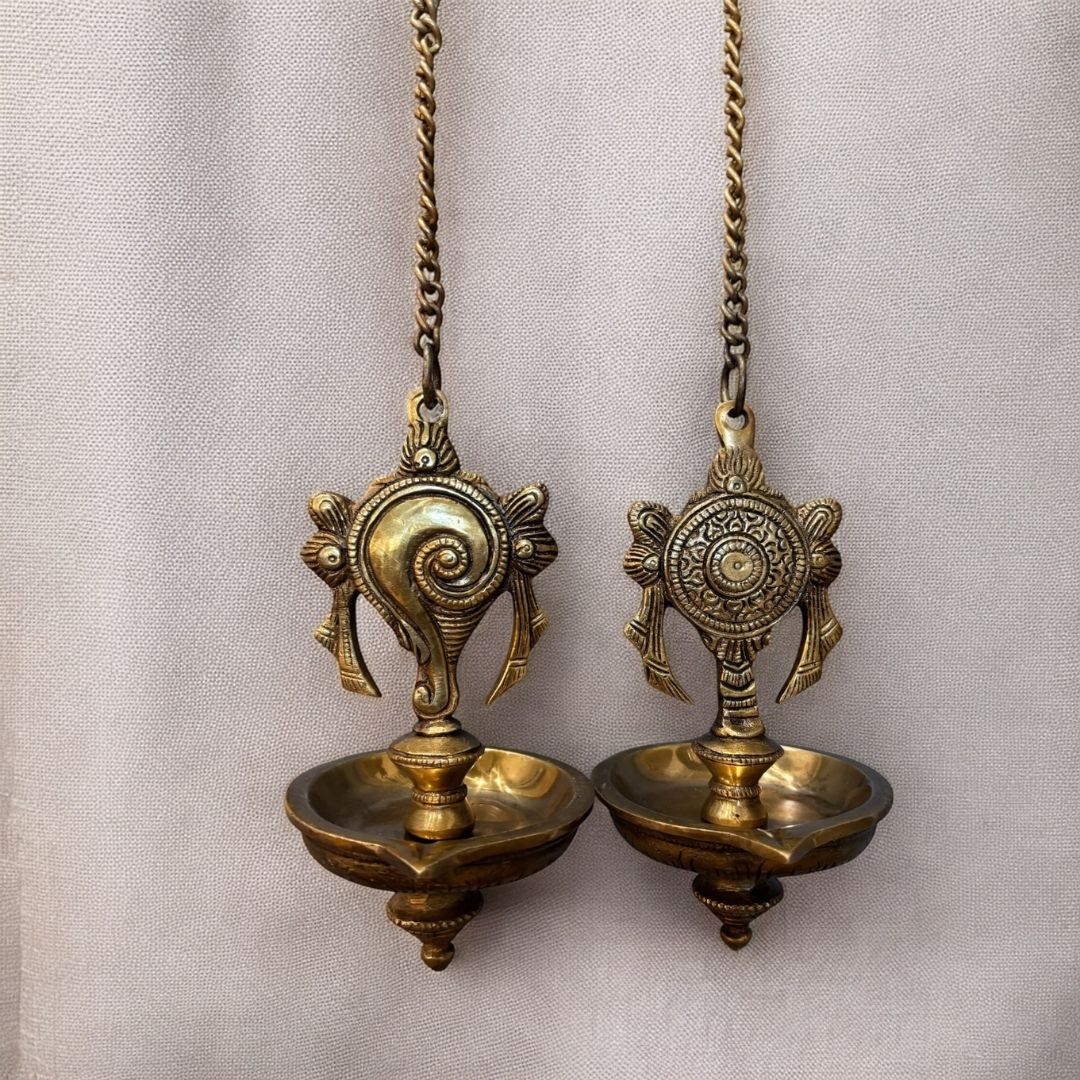 Brass Shankh and Chakra Hanging Diya - Set of 2 with Chains