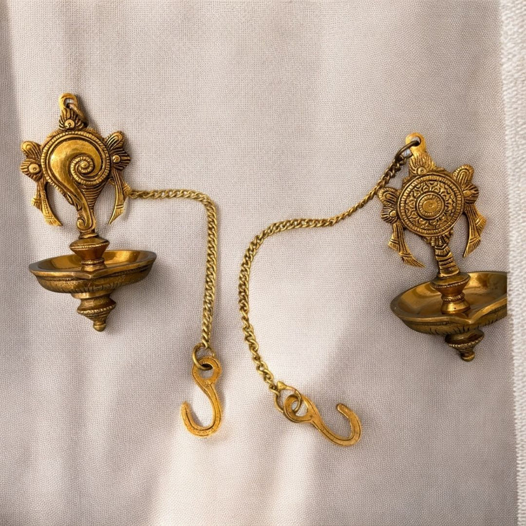 Brass Shankh and Chakra Hanging Diya - Set of 2 with Chains