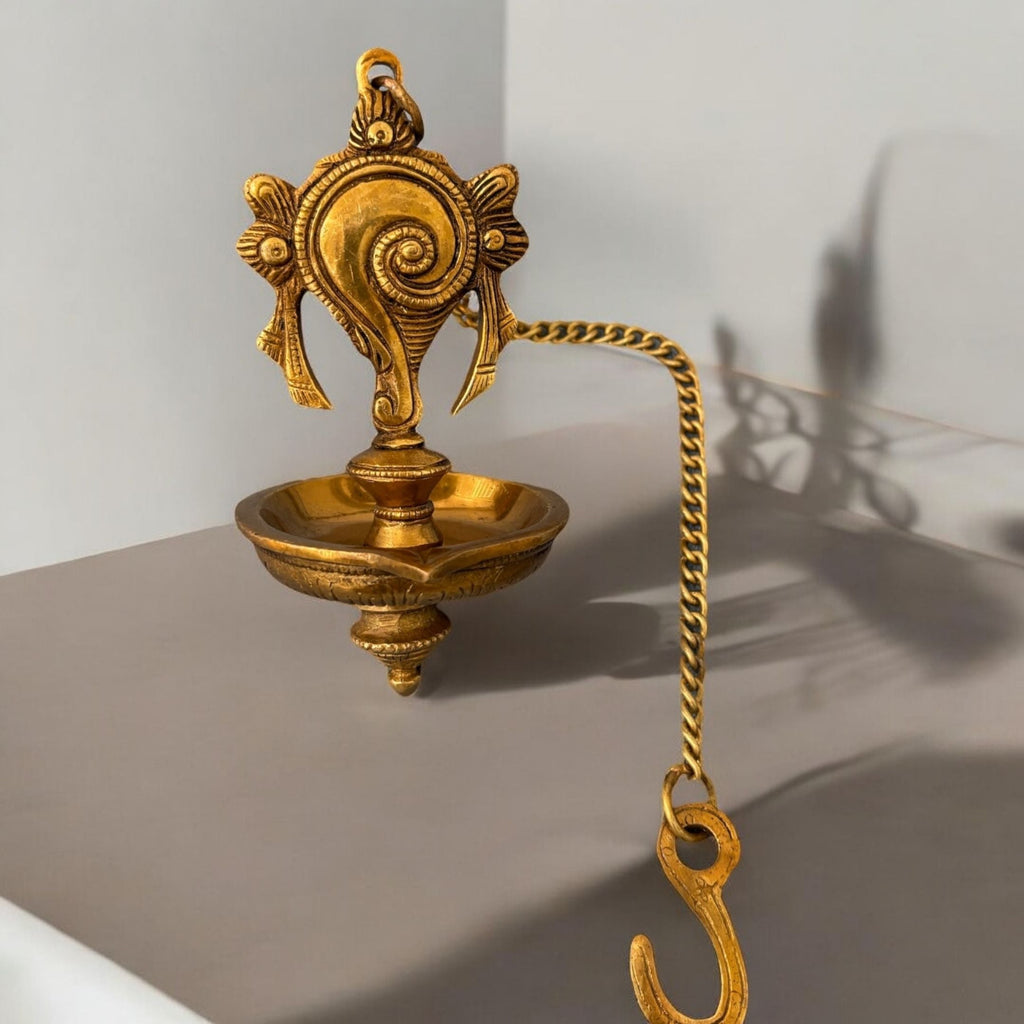 Brass Shankh and Chakra Hanging Diya - Set of 2 with Chains