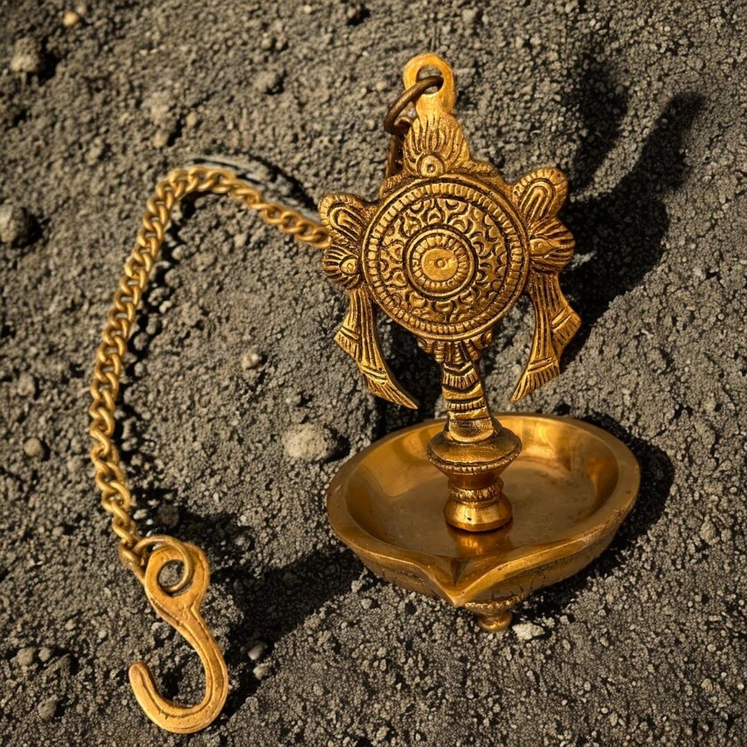 Brass Shankh and Chakra Hanging Diya - Set of 2 with Chains