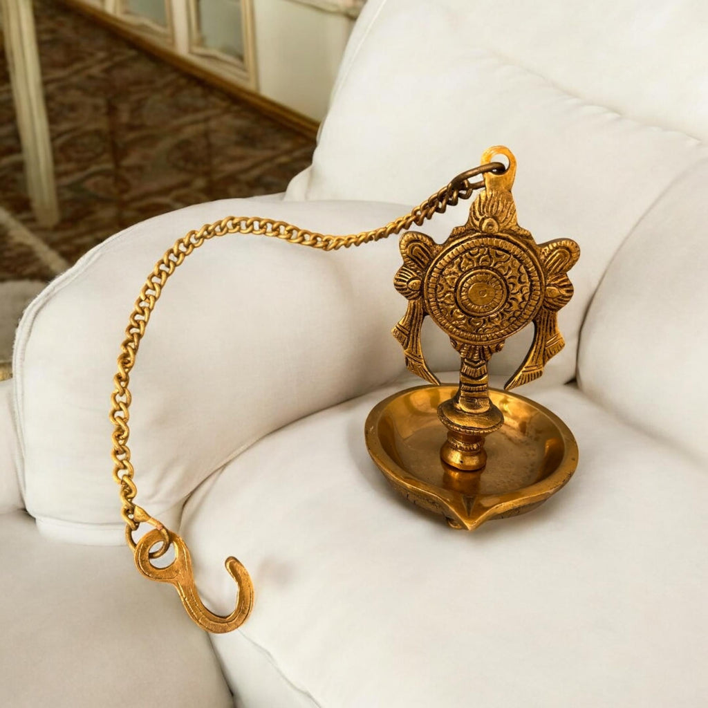 Brass Shankh and Chakra Hanging Diya - Set of 2 with Chains