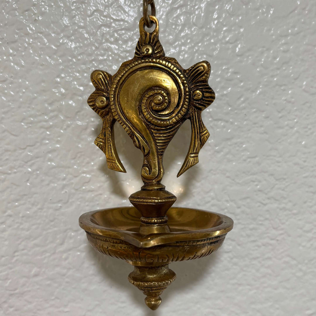 Brass Shankh and Chakra Hanging Diya - Set of 2 with Chains