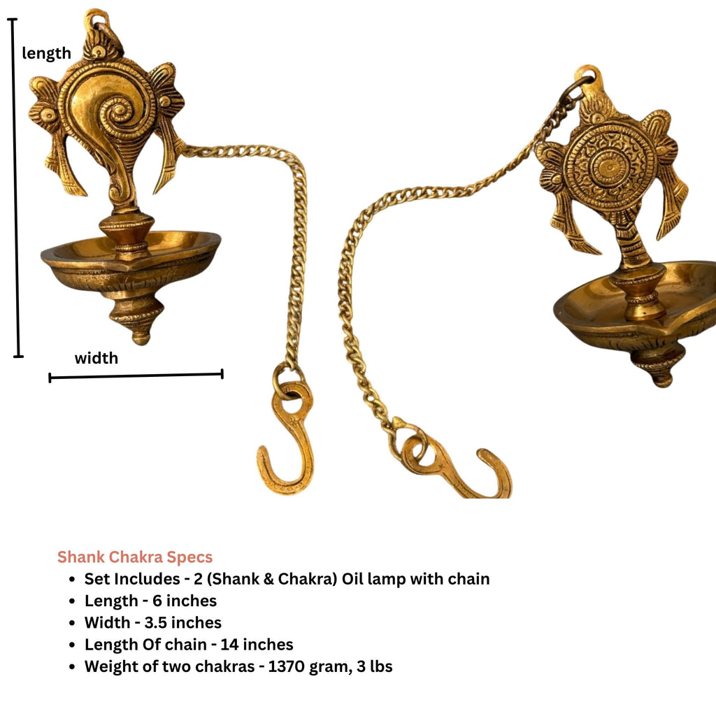 Brass Shankh and Chakra Hanging Diya - Set of 2 with Chains