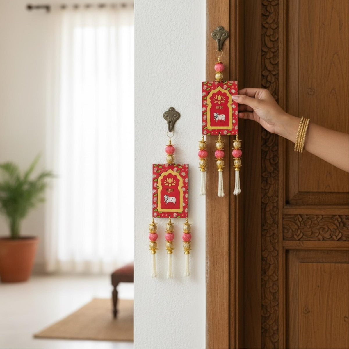 Shubh Labh Wall Hanging Set - Kundan and Pearl Tassels