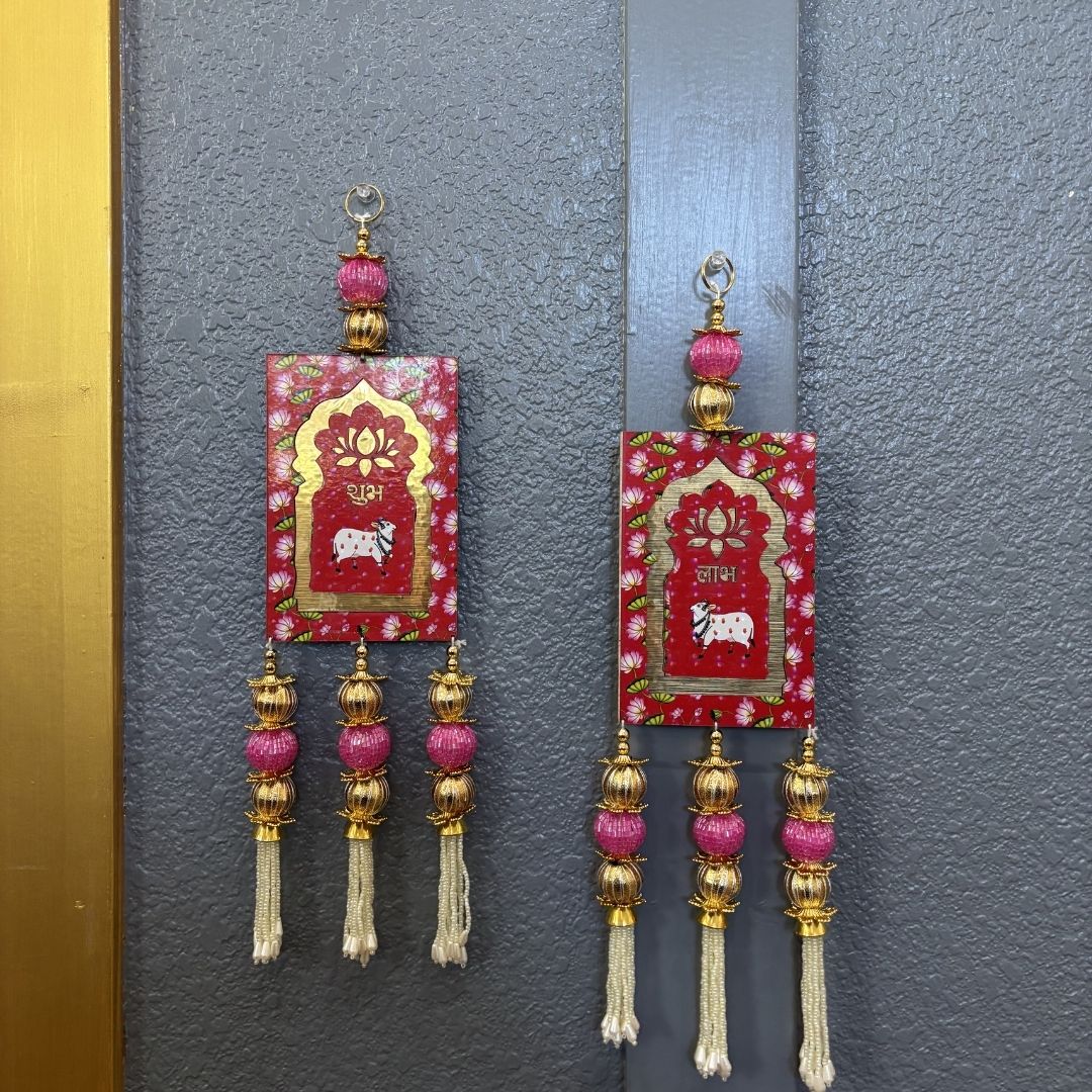 Shubh Labh Wall Hanging Set - Kundan and Pearl Tassels