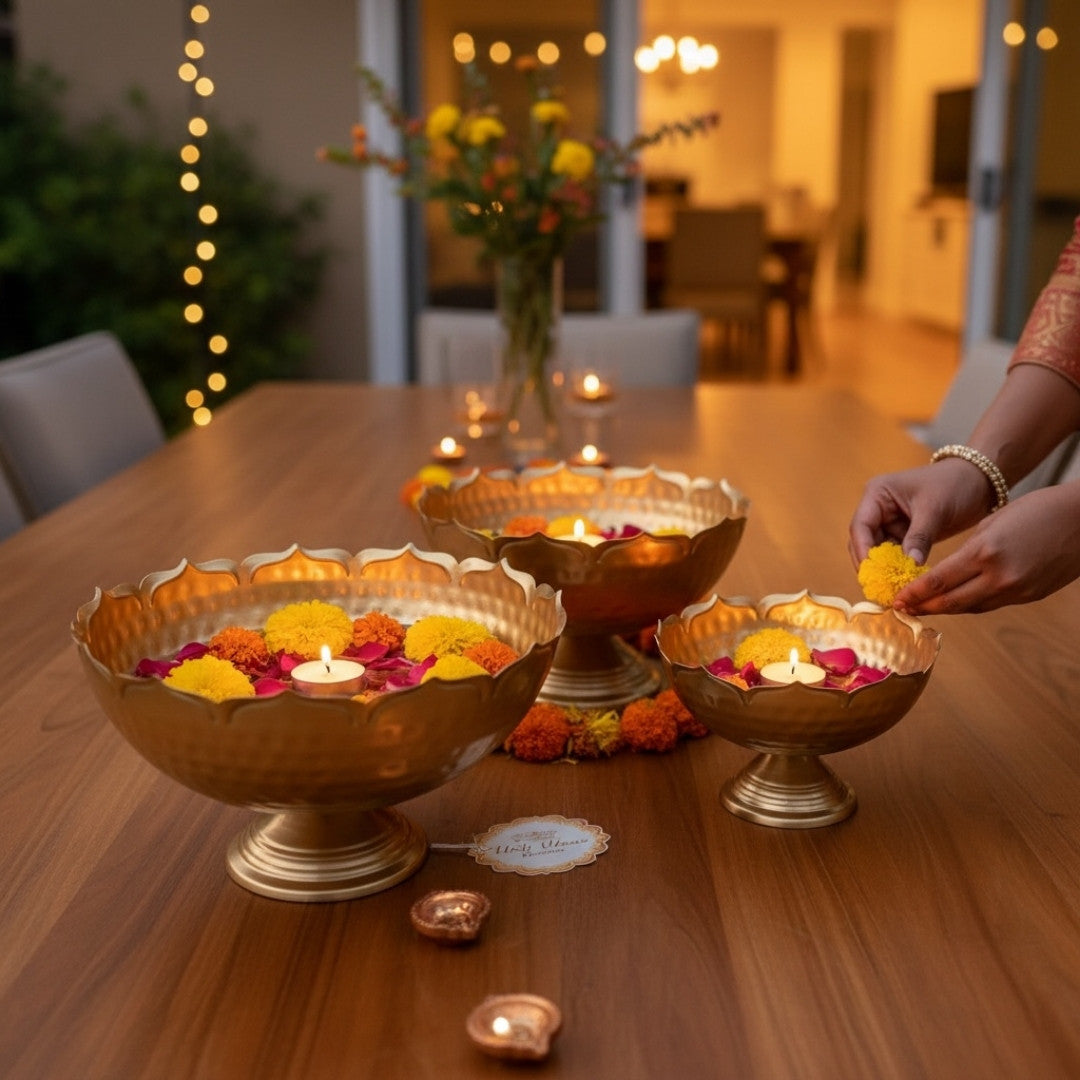 Hammered Lotus Urli Bowls – Set of 3 Sitting Urlis, Gold