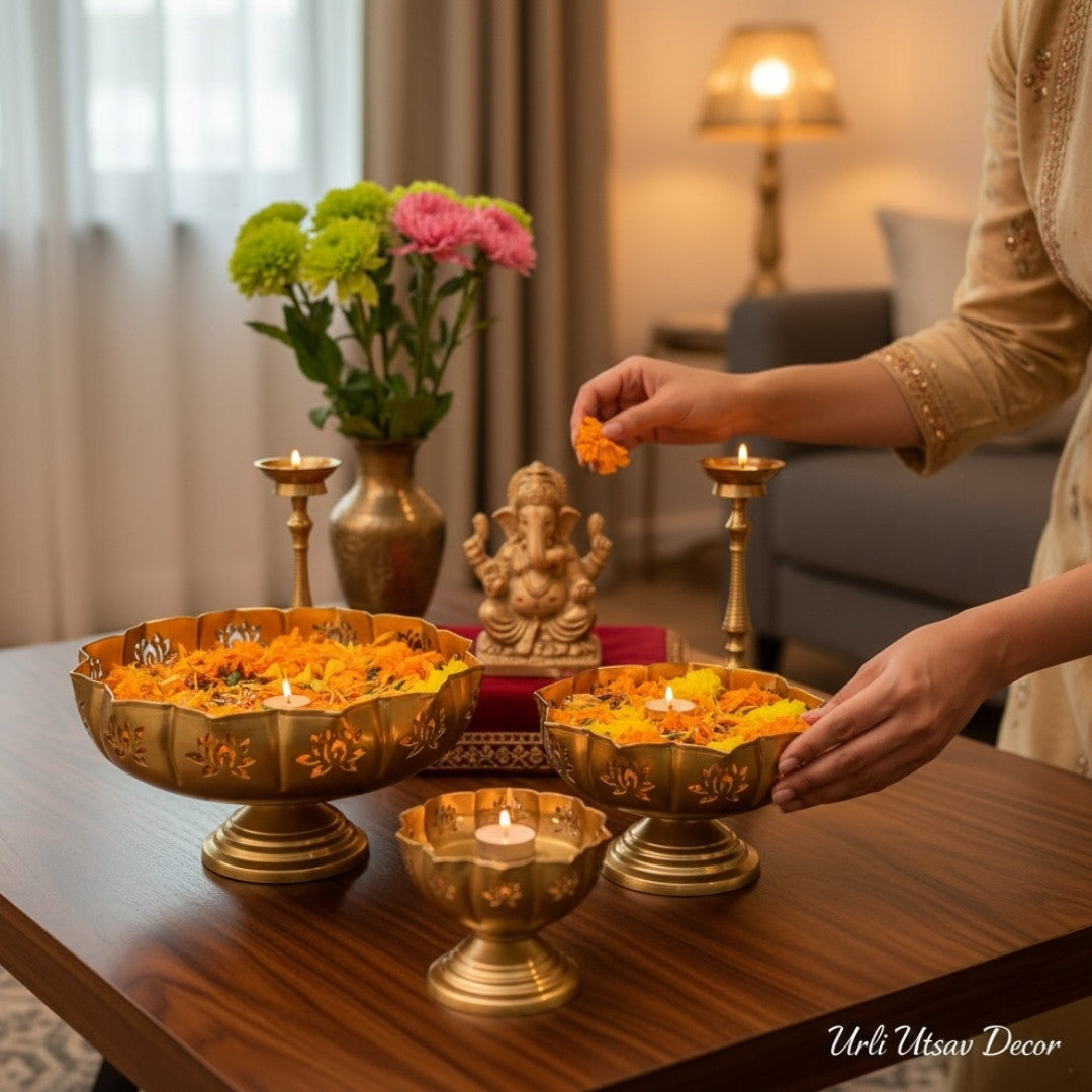 Cutout Lotus Urli Bowls – Set of 3 Sitting Urlis, Gold
