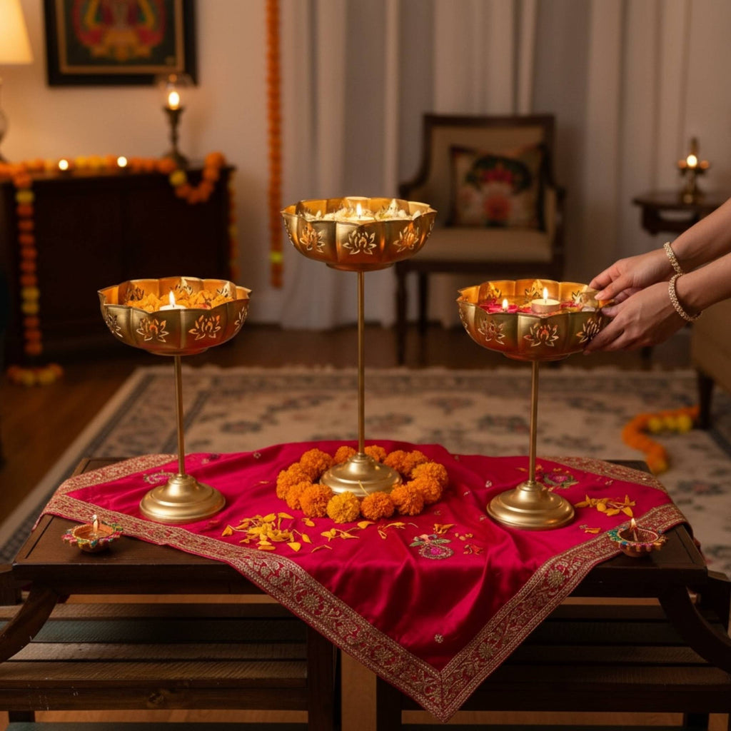 Cutout Lotus Urli Bowls – Set of 3 Standing Urlis, Gold