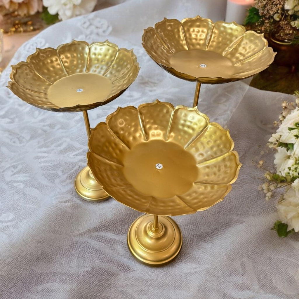 Hammered Lotus Urli Bowls – Set of 3 Standing Urlis, Gold