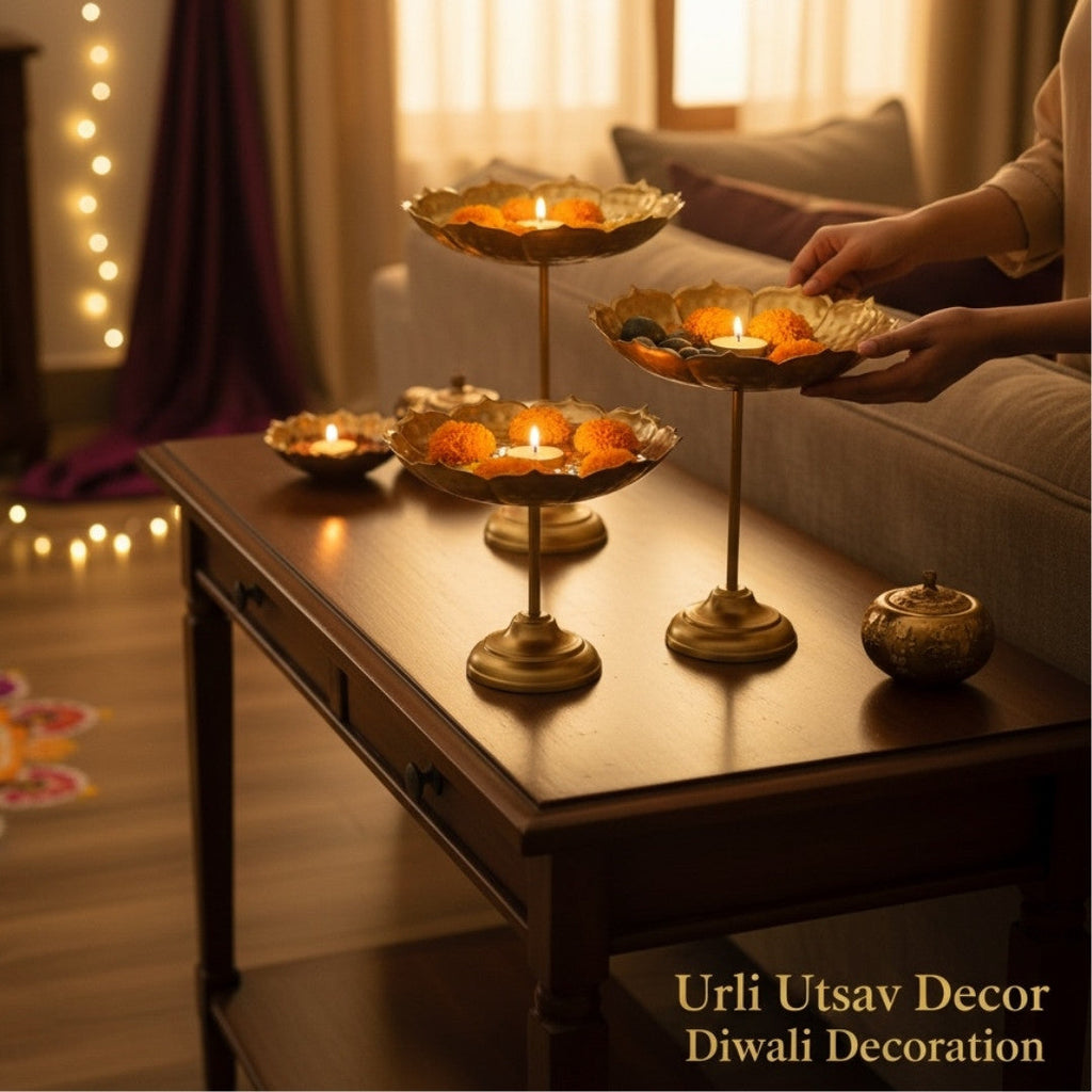 Hammered Lotus Urli Bowls – Set of 3 Standing Urlis, Gold
