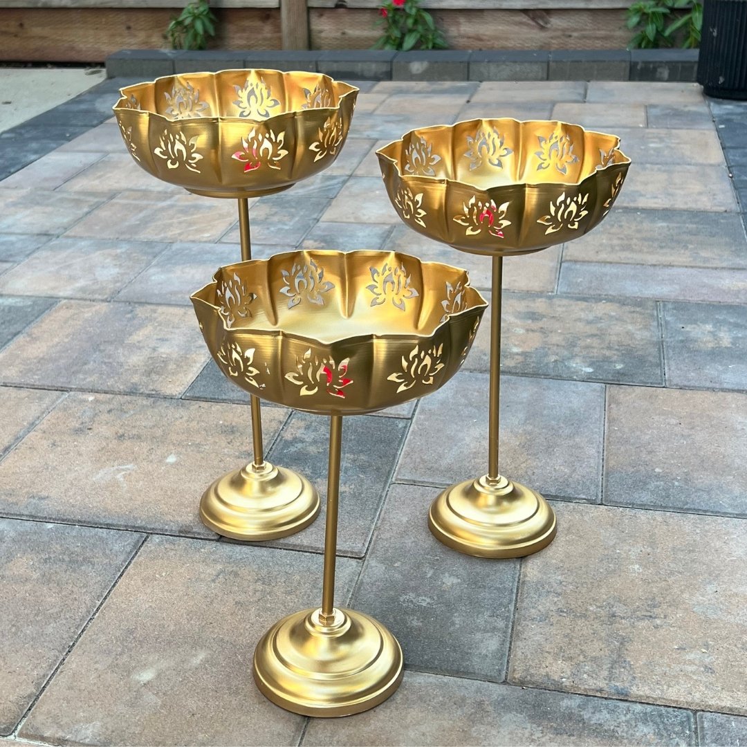 Cutout Lotus Urli Bowls – Set of 3 Standing Urlis, Gold