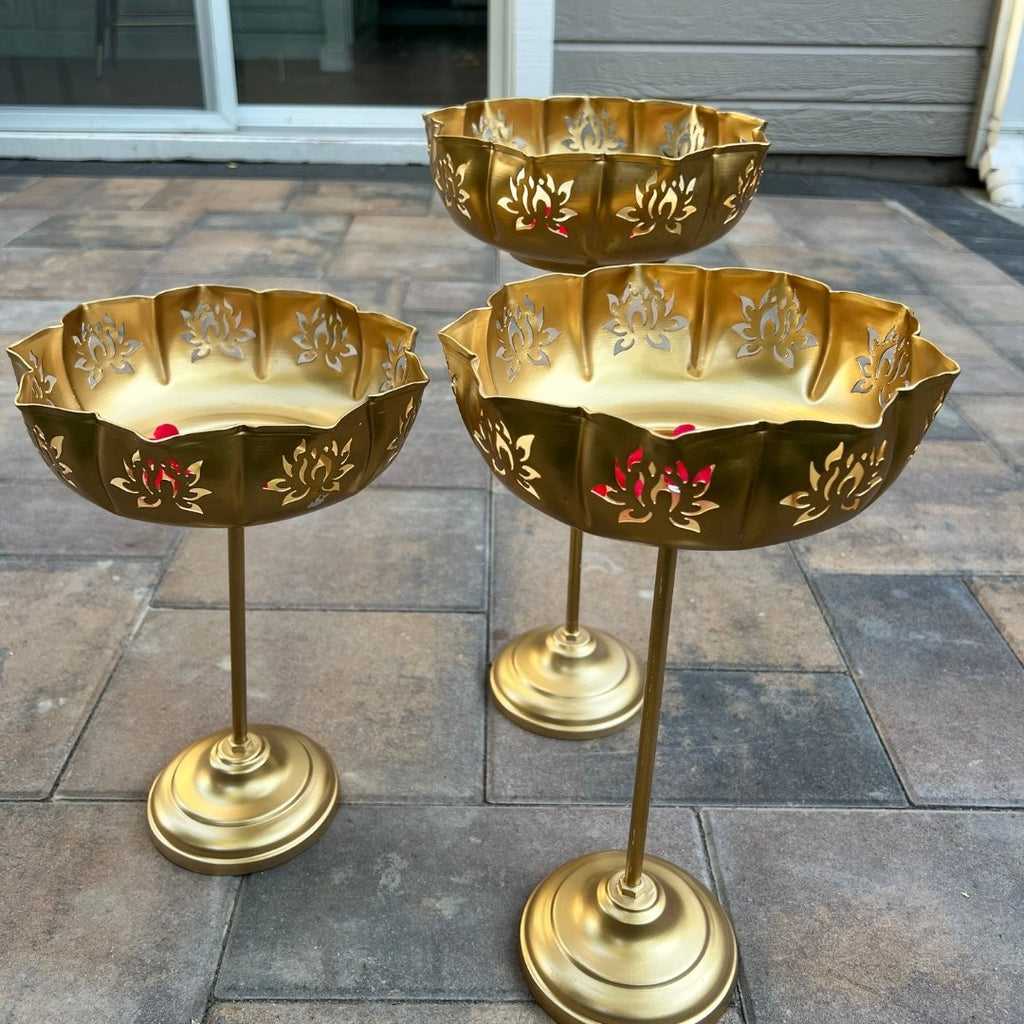 Cutout Lotus Urli Bowls – Set of 3 Standing Urlis, Gold