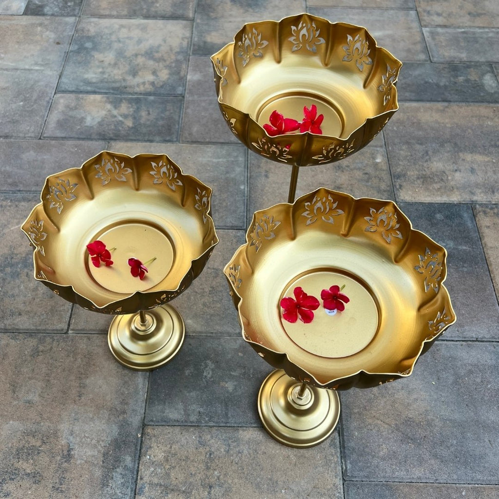 Cutout Lotus Urli Bowls – Set of 3 Standing Urlis, Gold