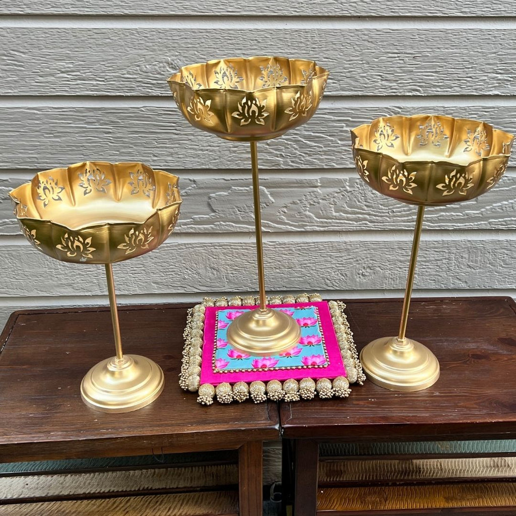 Cutout Lotus Urli Bowls – Set of 3 Standing Urlis, Gold