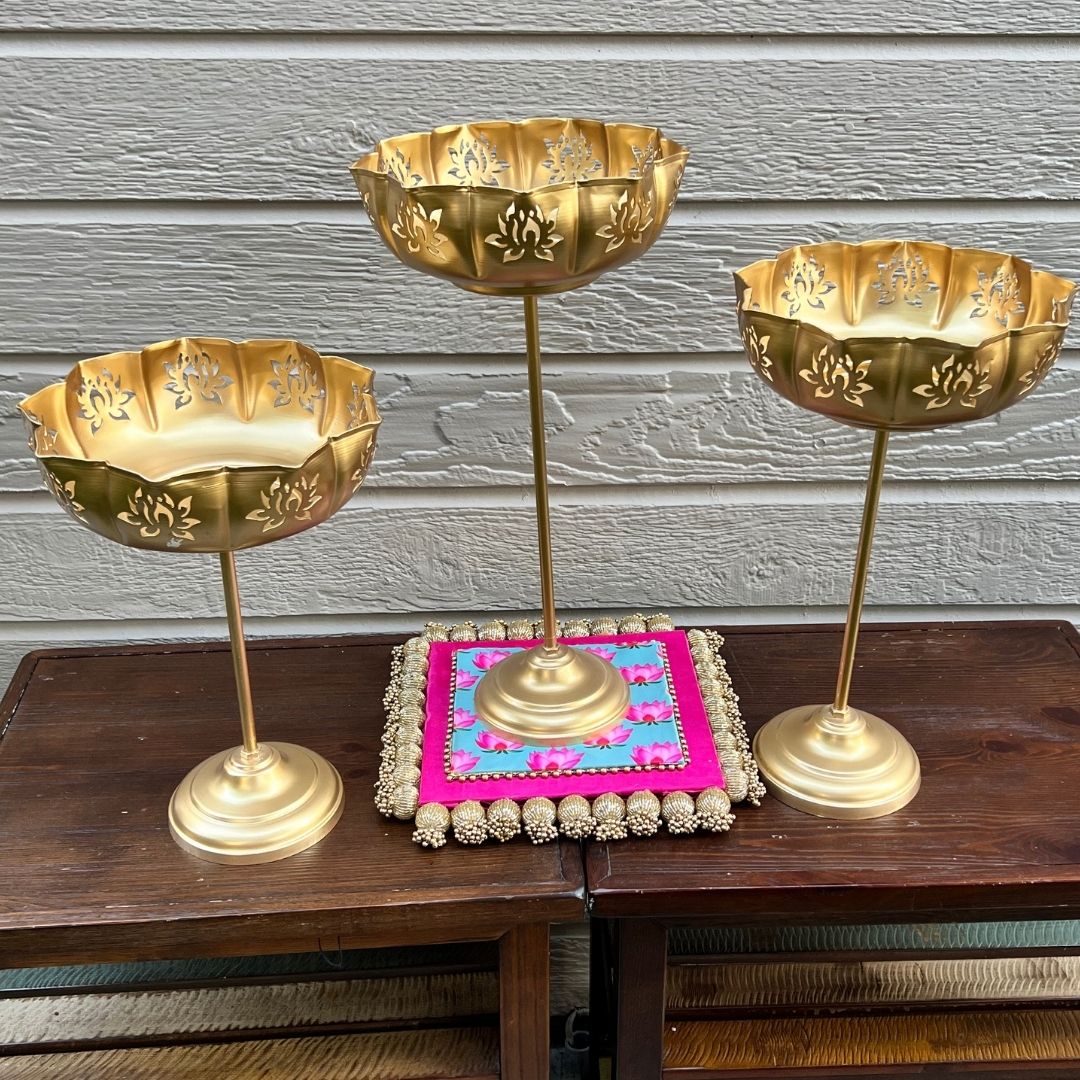 Cutout Lotus Urli Bowls – Set of 3 Standing Urlis, Gold