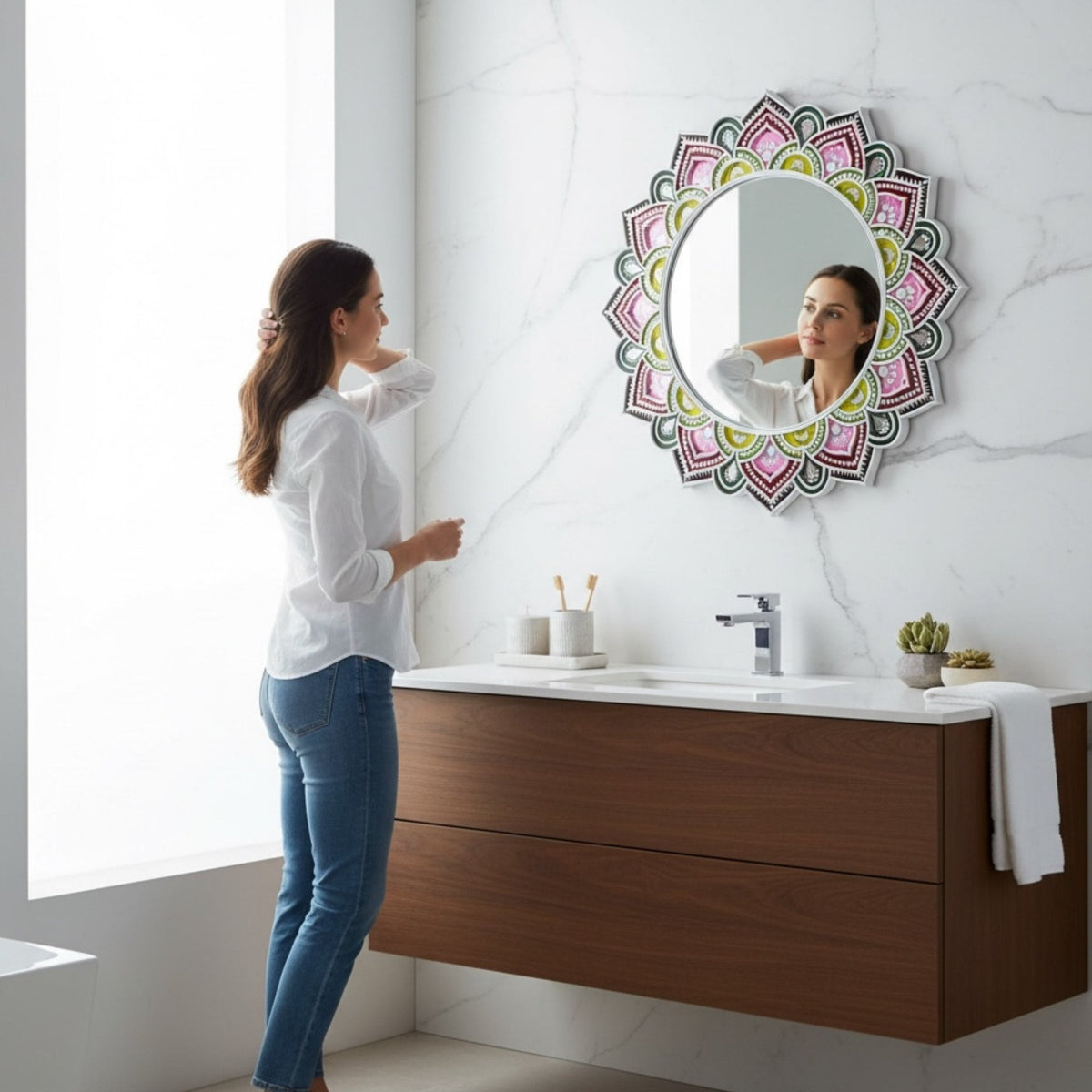 24-Inch Mandala Mirror Wall Art – Pink Sunburst, Scalloped