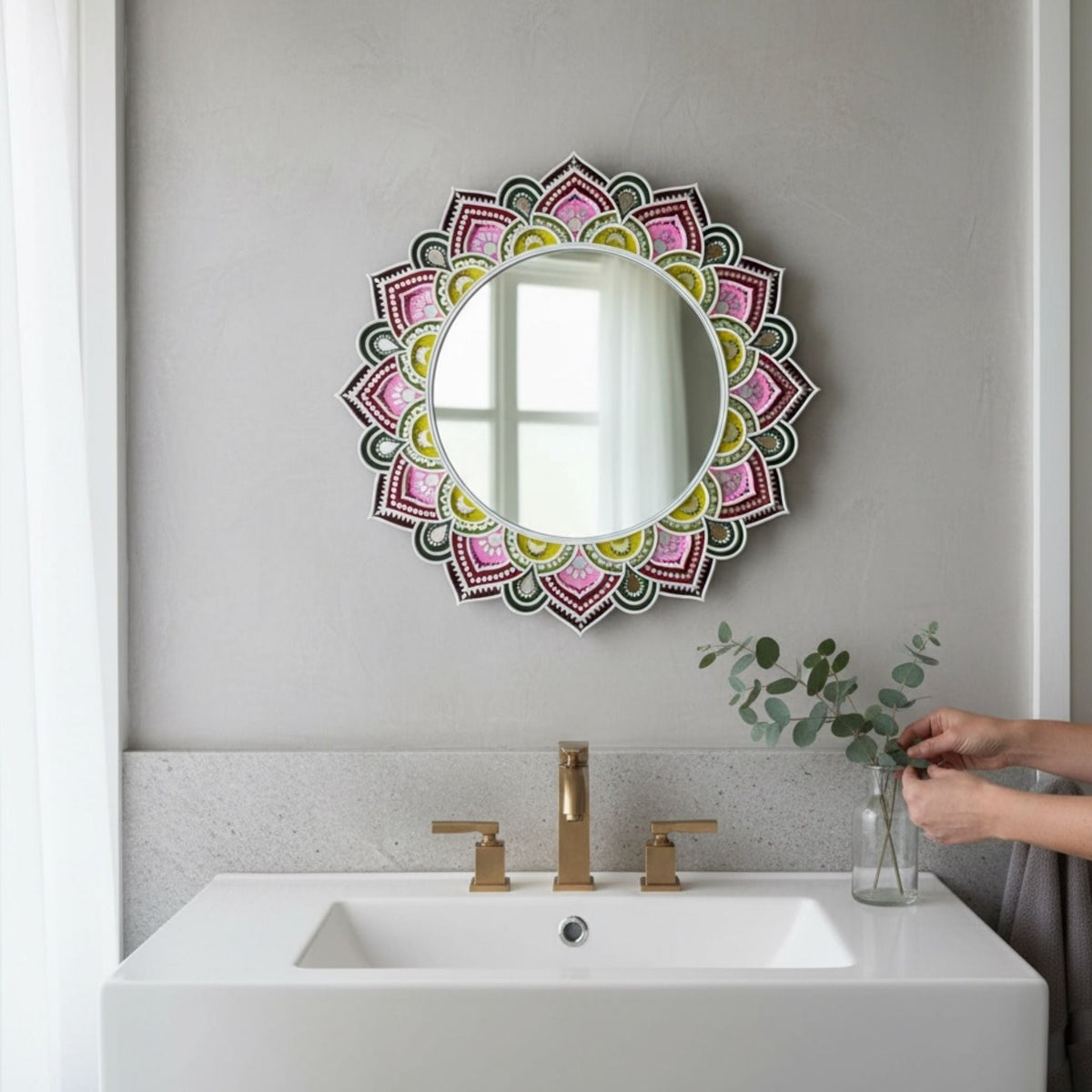 24-Inch Mandala Mirror Wall Art – Pink Sunburst, Scalloped