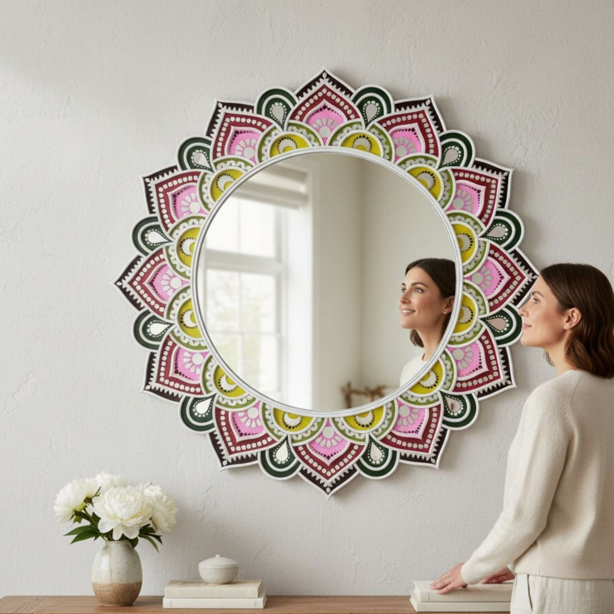 24-Inch Mandala Mirror Wall Art – Pink Sunburst, Scalloped