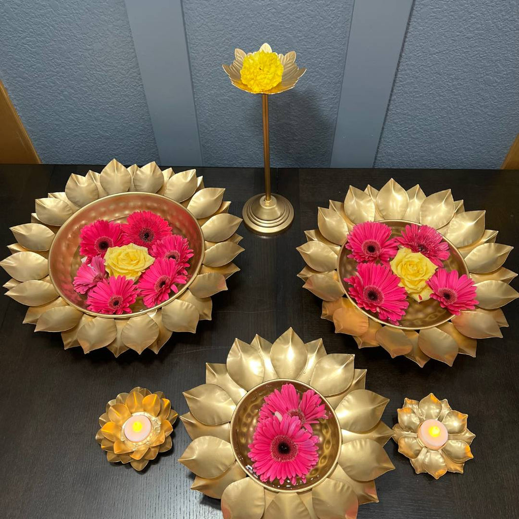 Sunflower Urli Bowls – Set of 3 Gold Petal Rim Urlis
