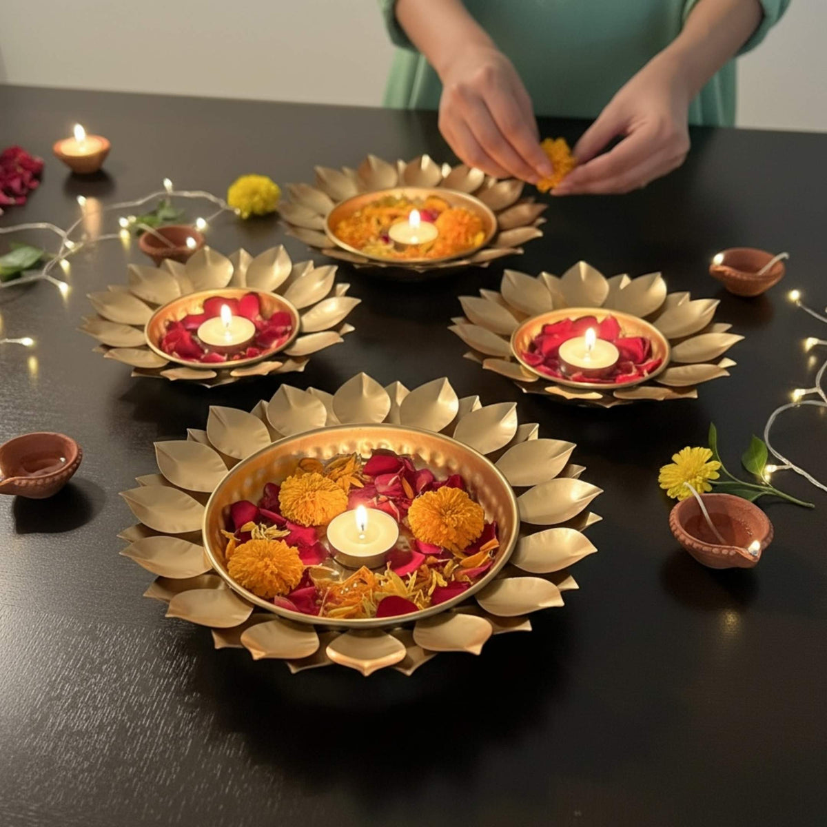 Sunflower Urli Bowls – Set of 3 Gold Petal Rim Urlis