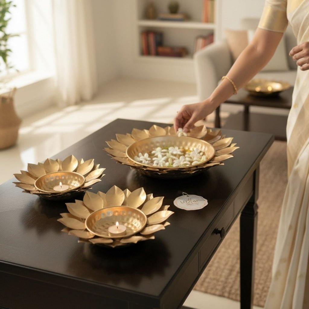 Sunflower Urli Bowls – Set of 3 Gold Petal Rim Urlis