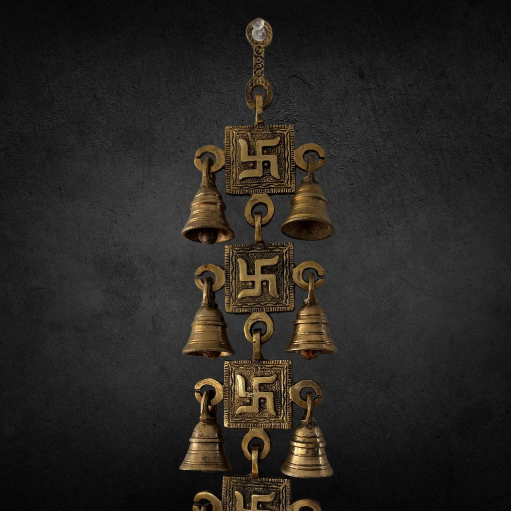 Brass Swastik Wall Hanging with Bells - 15in Vastu Decor