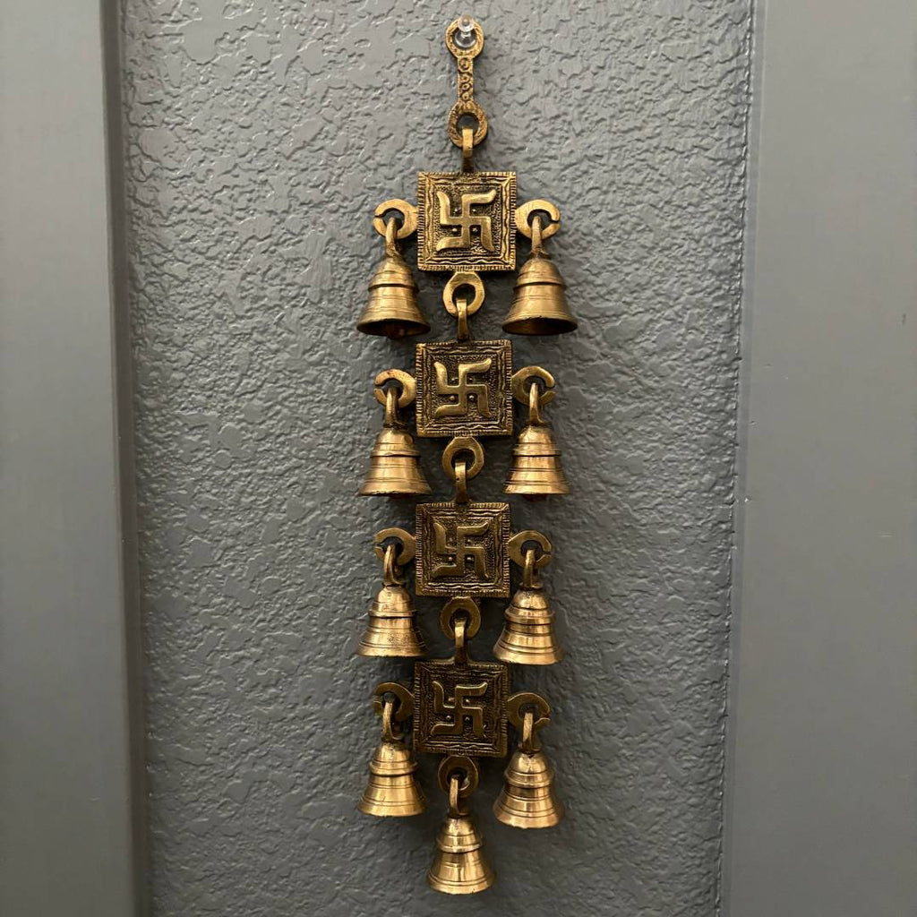 Brass Swastik Wall Hanging with Bells - 15in Vastu Decor