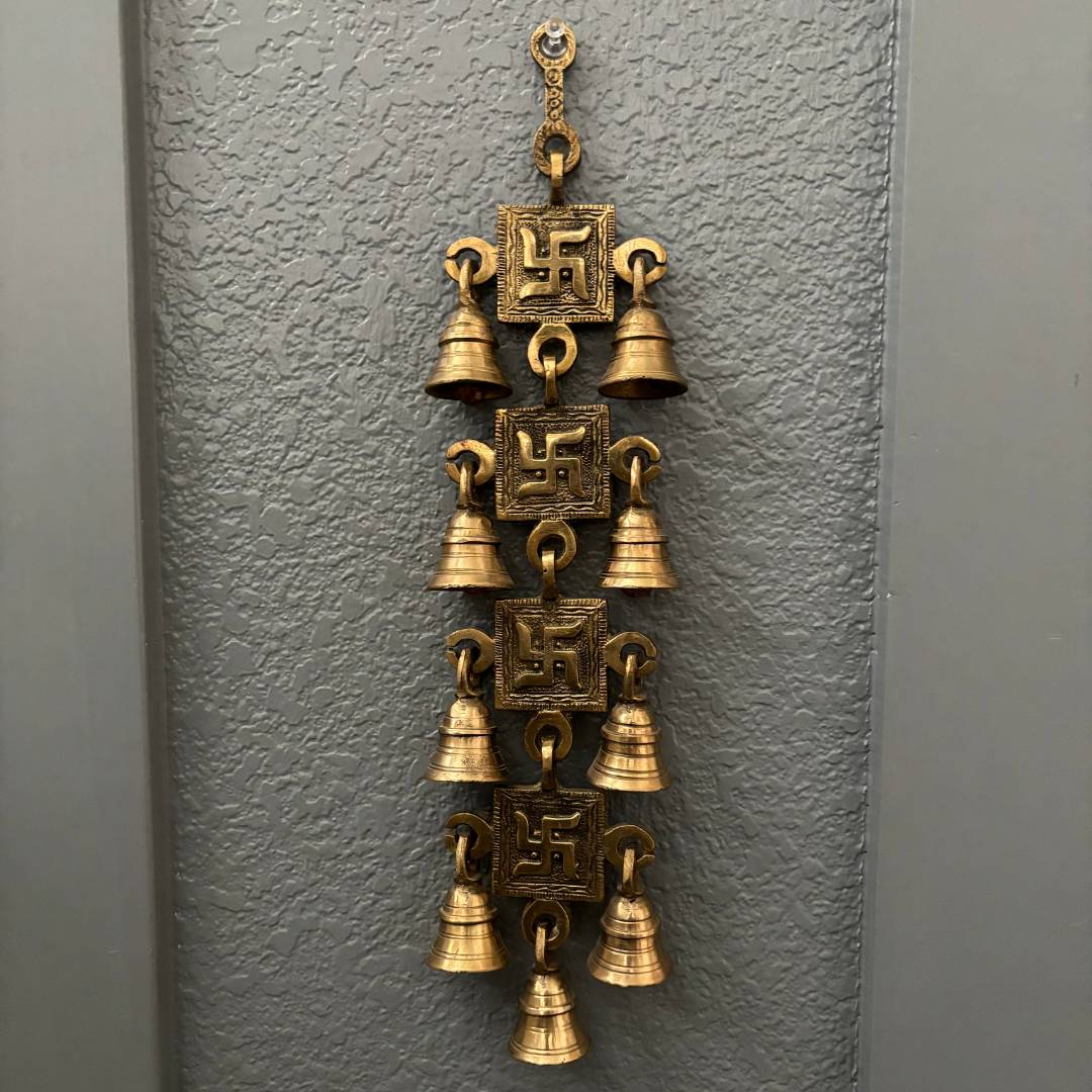 Brass Swastik Wall Hanging with Bells - 15in Vastu Decor