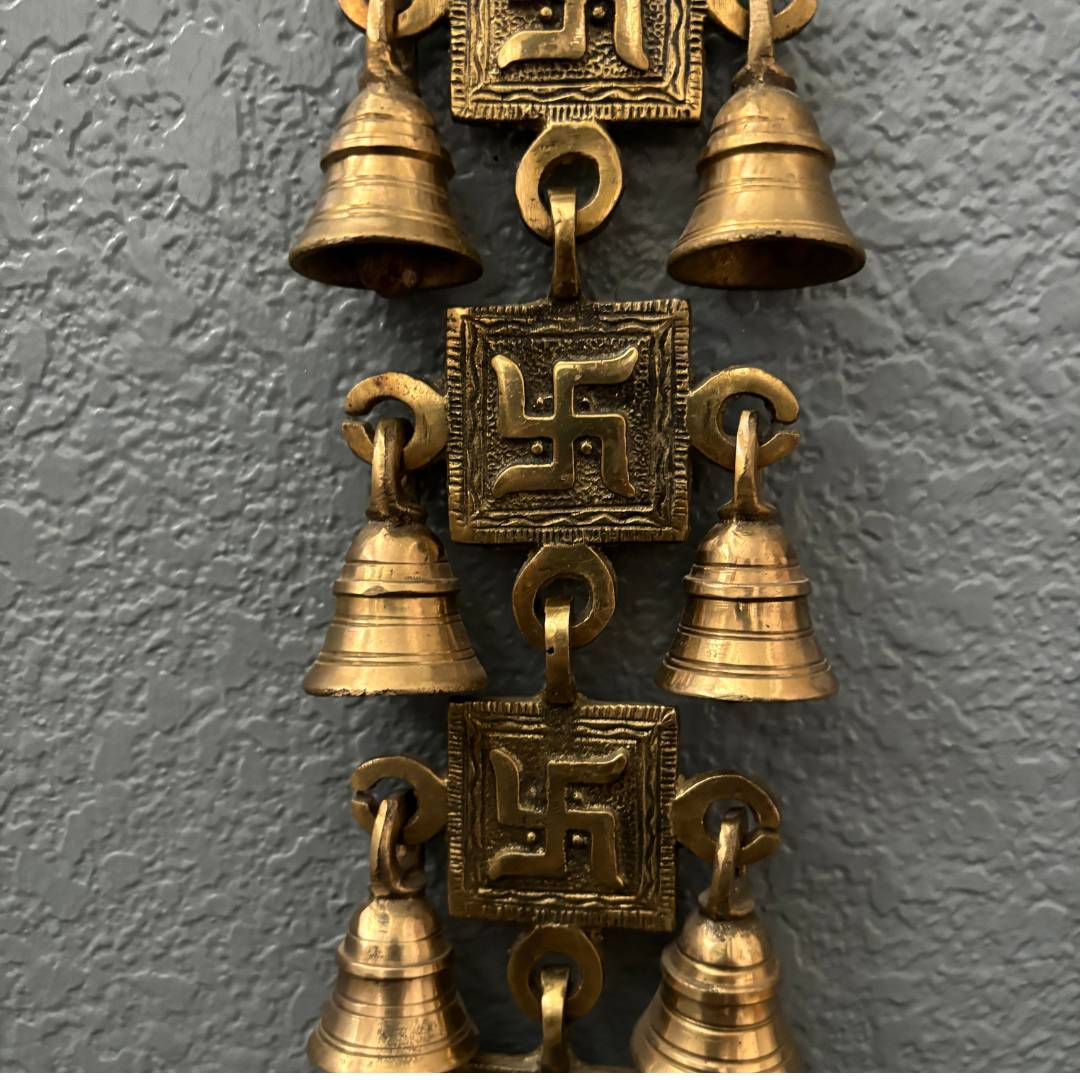 Brass Swastik Wall Hanging with Bells - 15in Vastu Decor