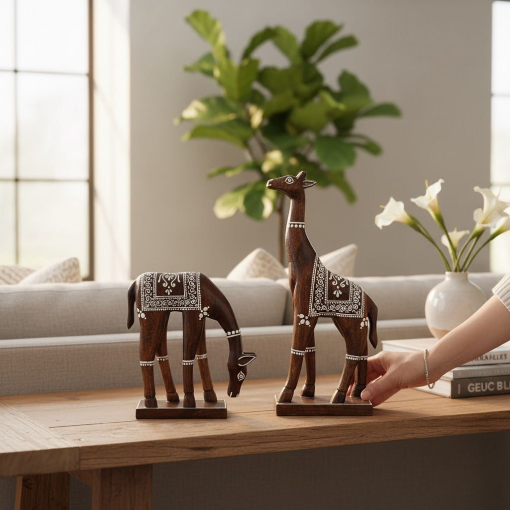 Wooden Giraffe or Bird Set - Hand-Painted Mango Wood Pair