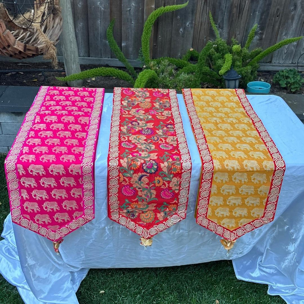 Silk Table Runner - Elephant & Floral, 78 or 108 Inch