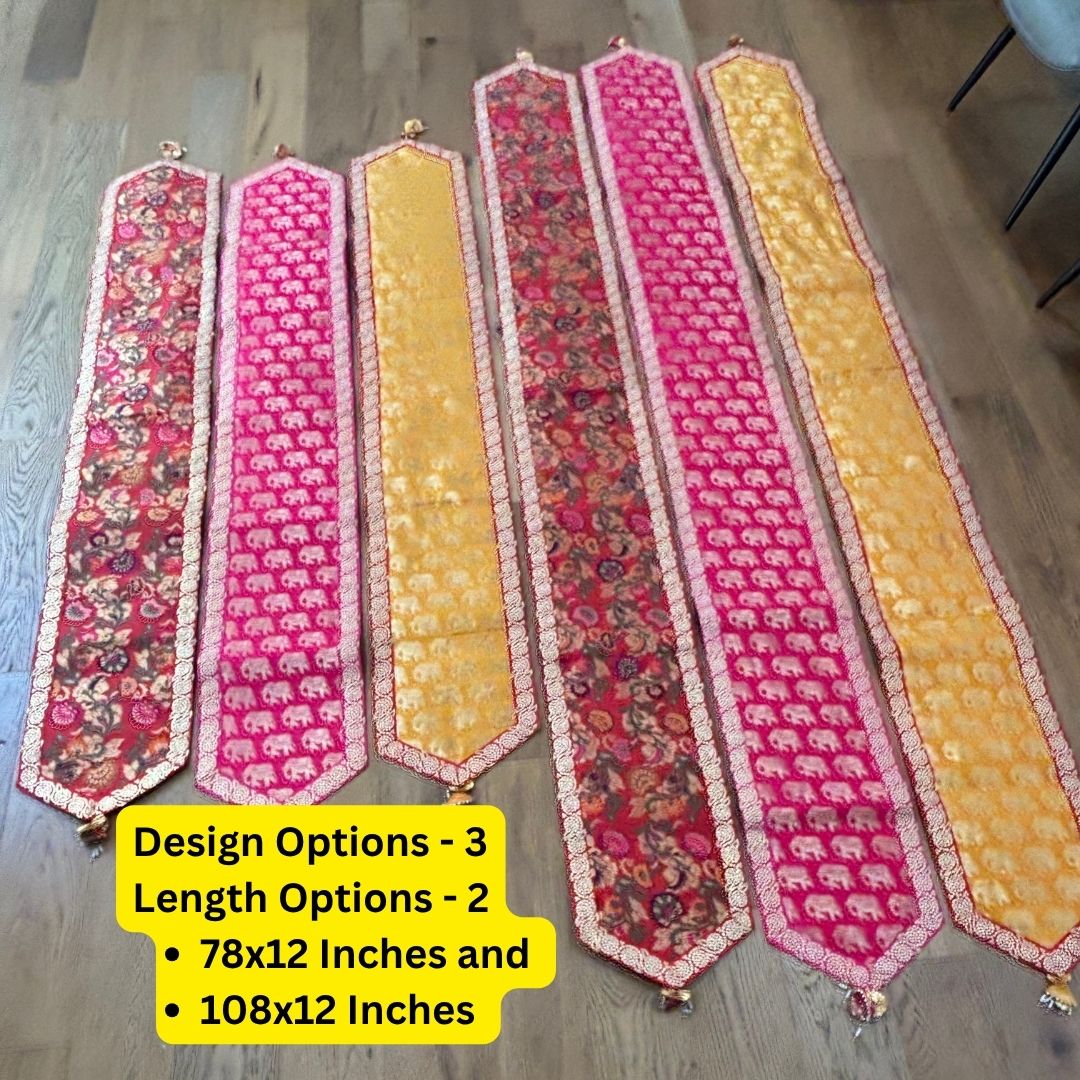 Silk Table Runner - Elephant & Floral, 78 or 108 Inch