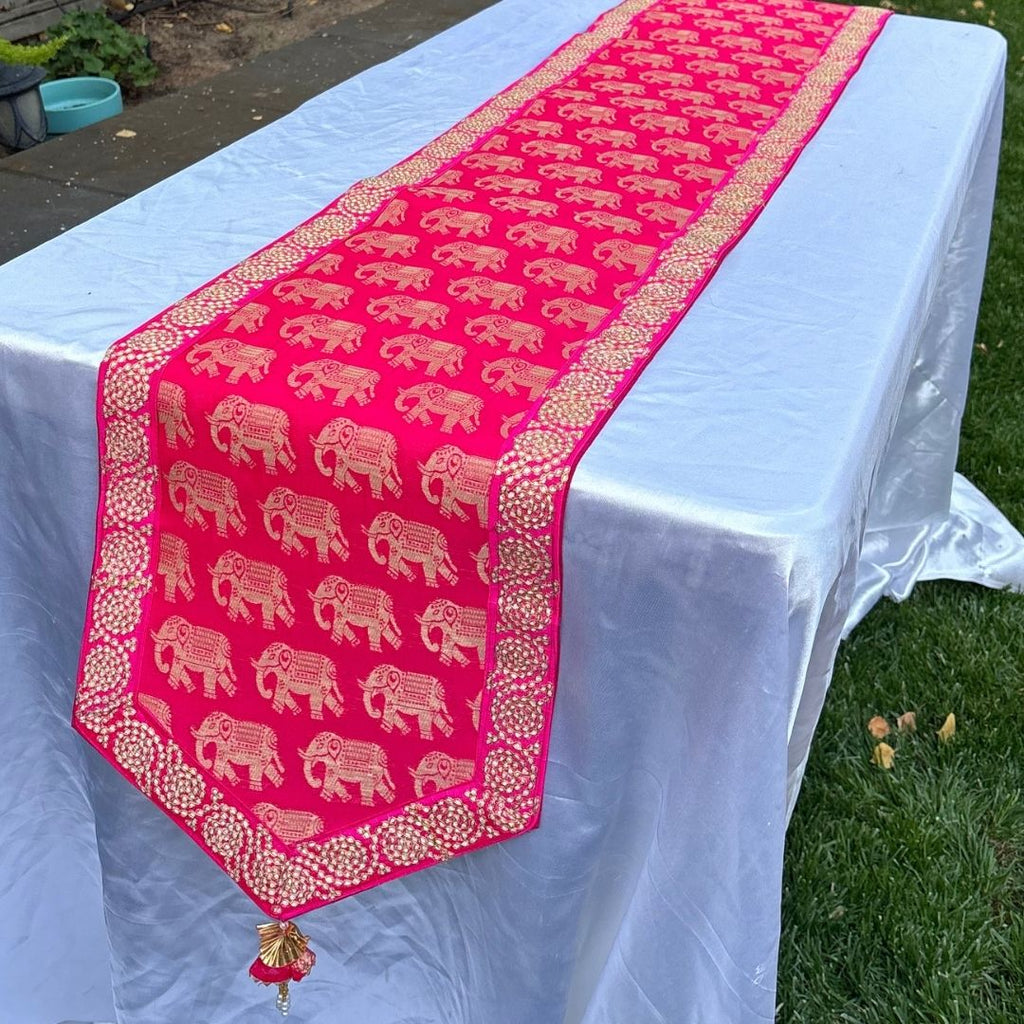Silk Table Runner - Elephant & Floral, 78 or 108 Inch