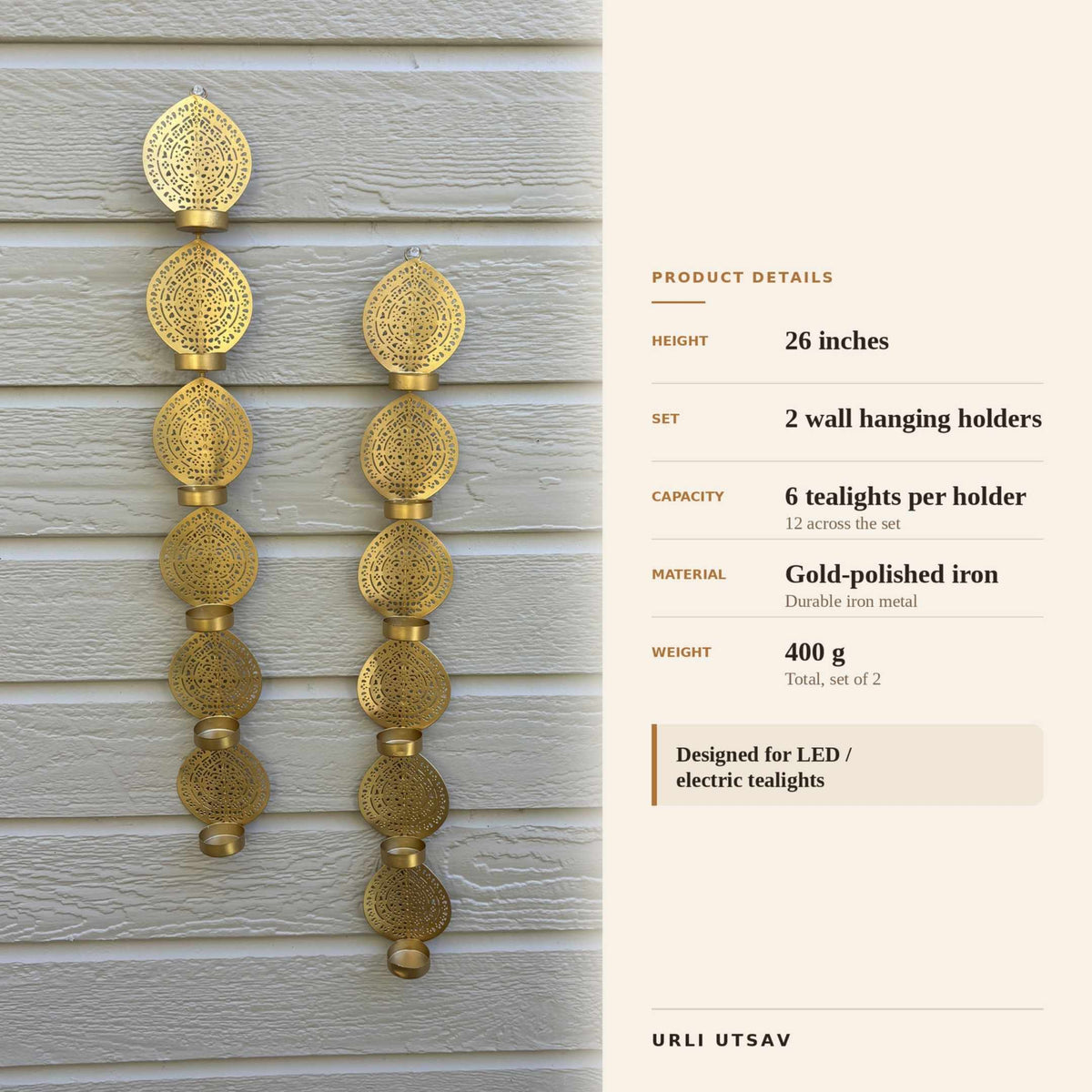 Gold Wall Hanging T-Light Holders - Set of 2, 26in Iron