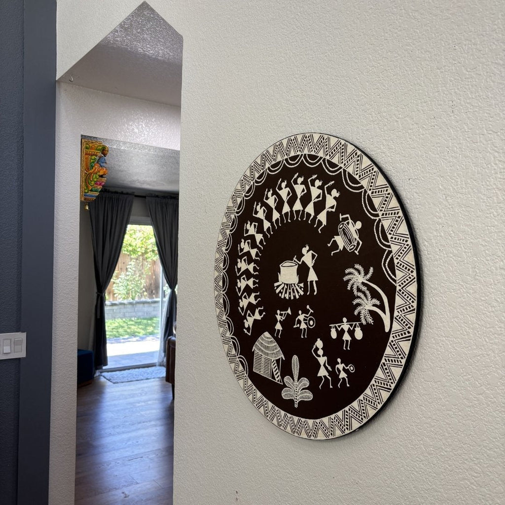 24-Inch Warli Wall Art - Hand-Painted Tribal Village Scene