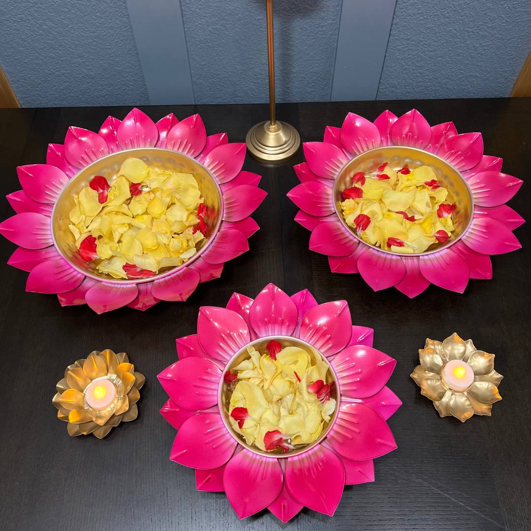 Sunflower Urli Bowls – Set of 3 Pink Petal Rim Urlis