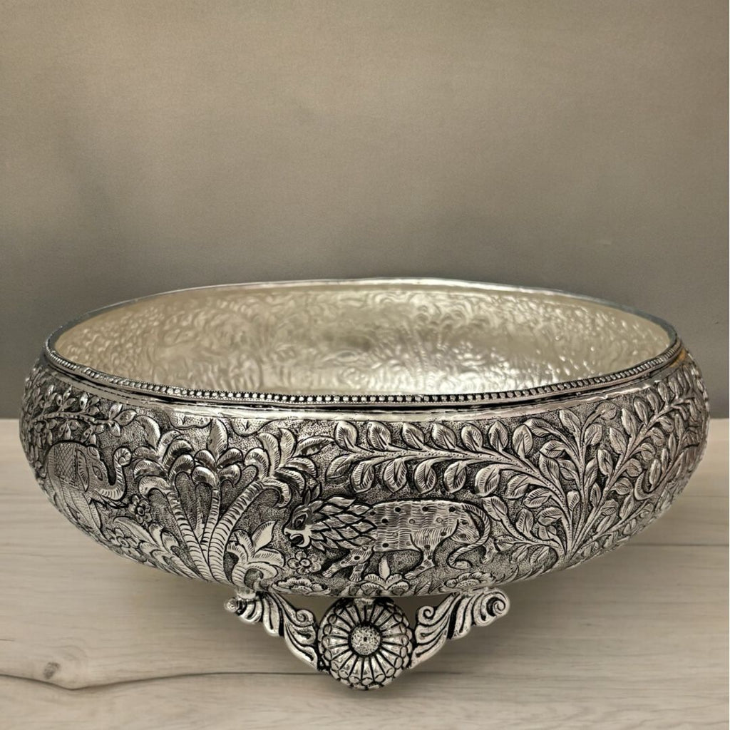 17-Inches Jungle Theme Engraved Urli Bowl | Antique Silver