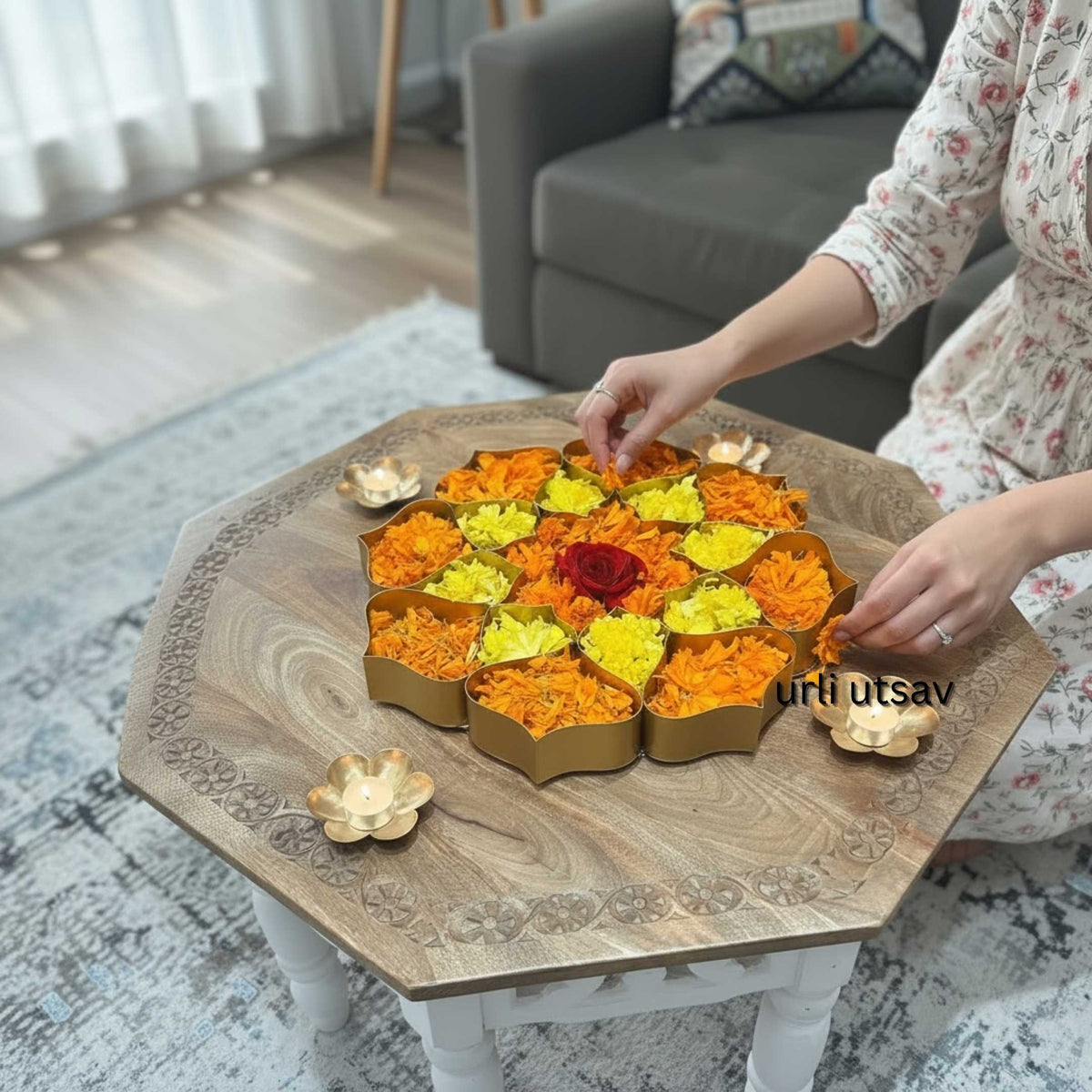 18-Inch Gold Lotus Urli Tray – 17 Compartments