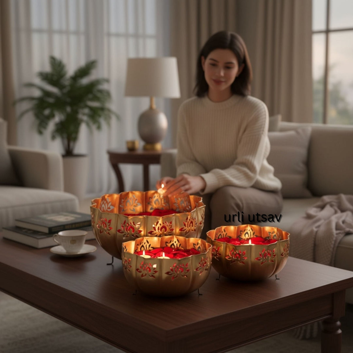 Lotus Motif Jumbo Urli Bowl Set – 13-Piece Wedding & Diwali Centerpiece