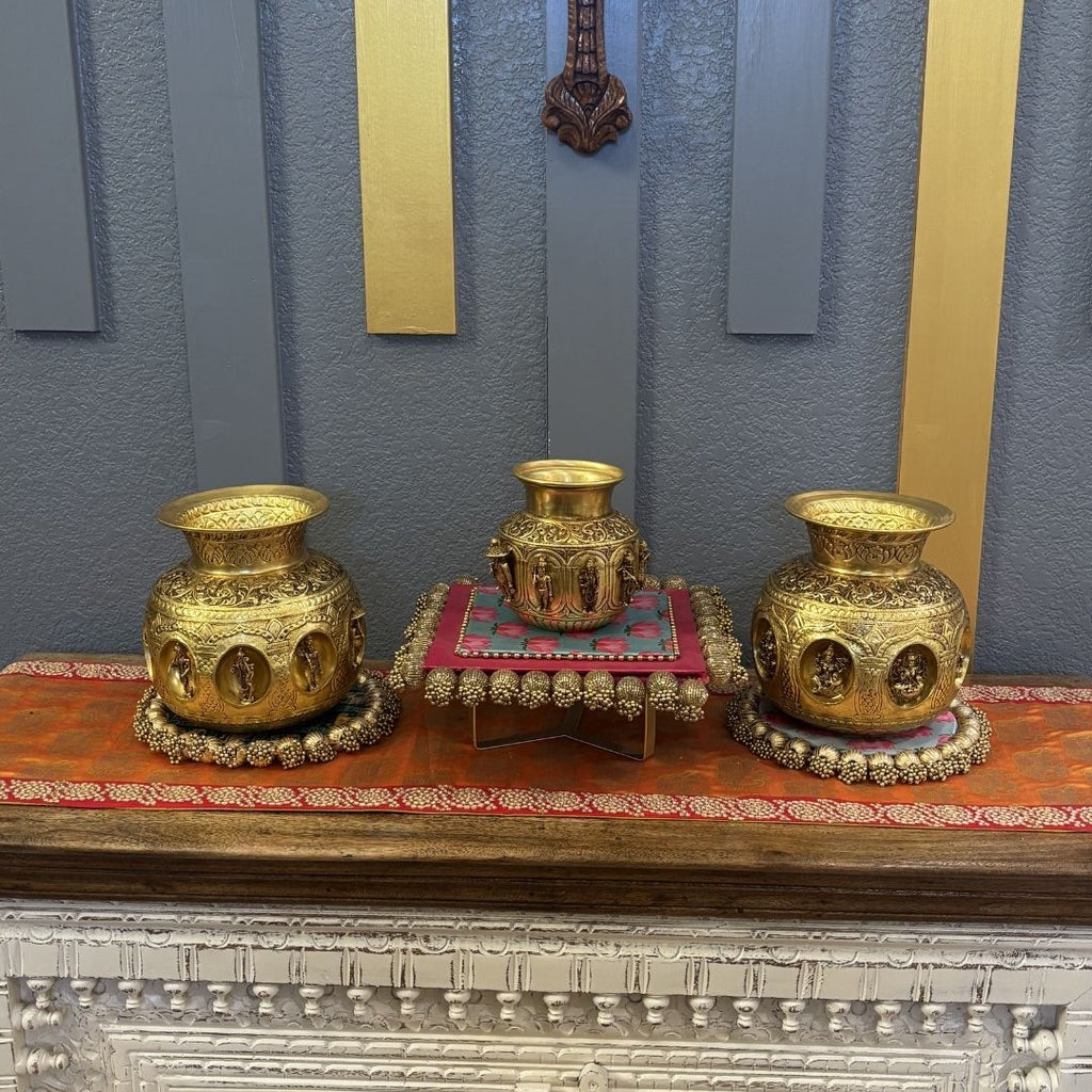 Brass Ashtalakshmi or Dashavatar Kalash - 3 Sizes, Engraved
