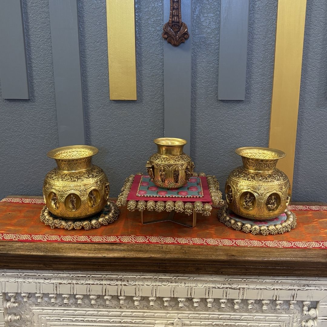 Brass Ashtalakshmi or Dashavatar Kalash - 3 Sizes, Engraved
