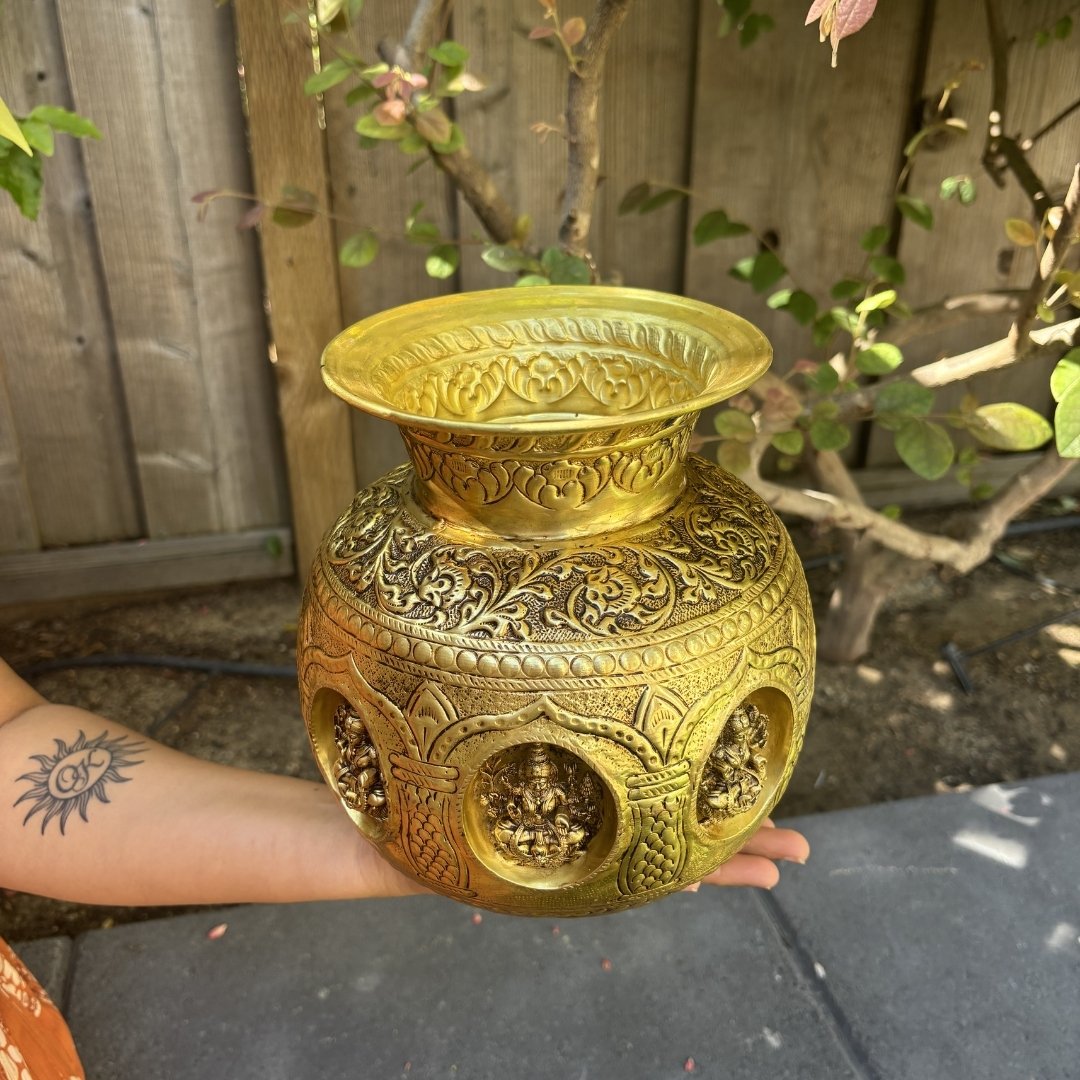 Brass Ashtalakshmi or Dashavatar Kalash - 3 Sizes, Engraved