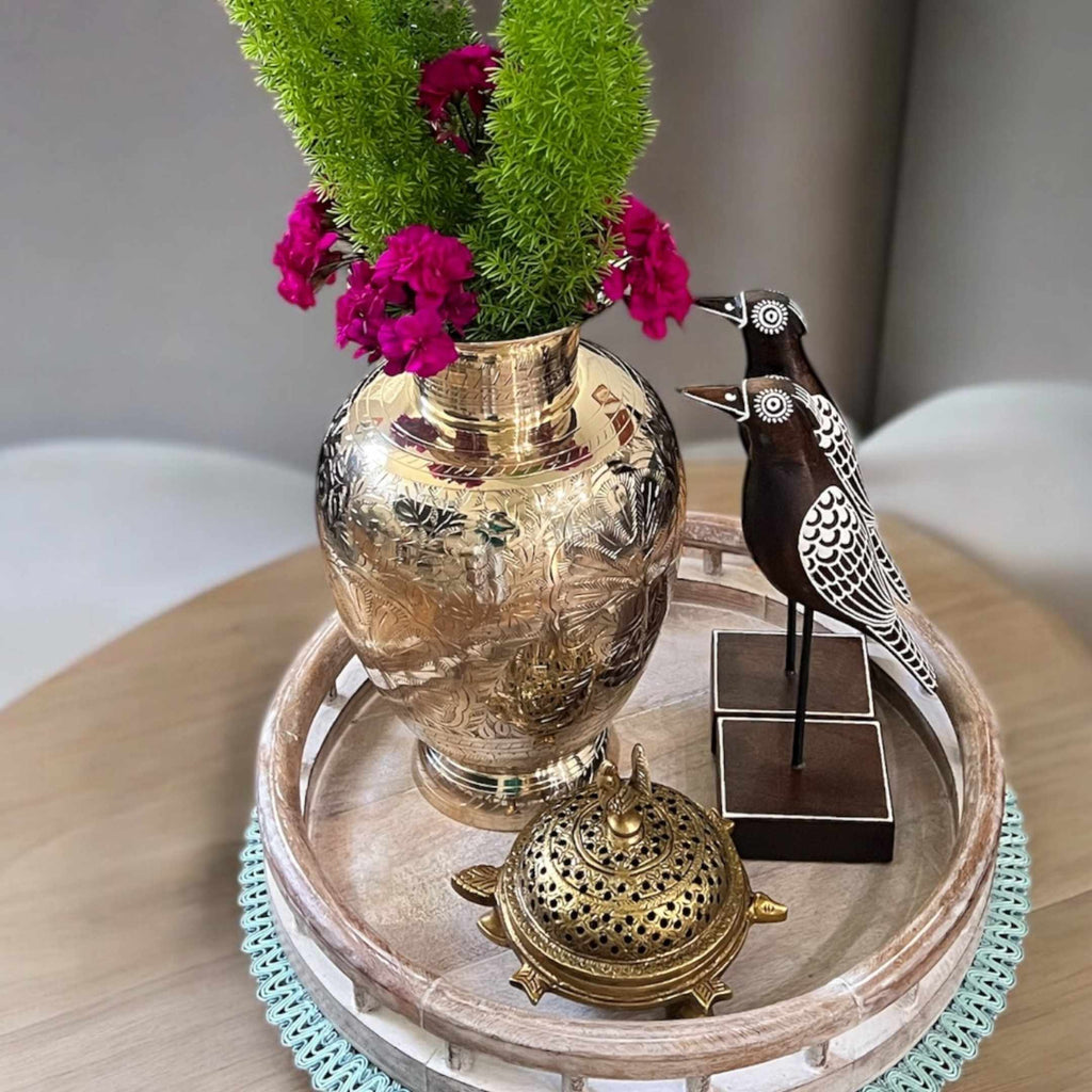 Handmade Brass Vase - 11.5in Tall, Hand-Engraved Gold Tone