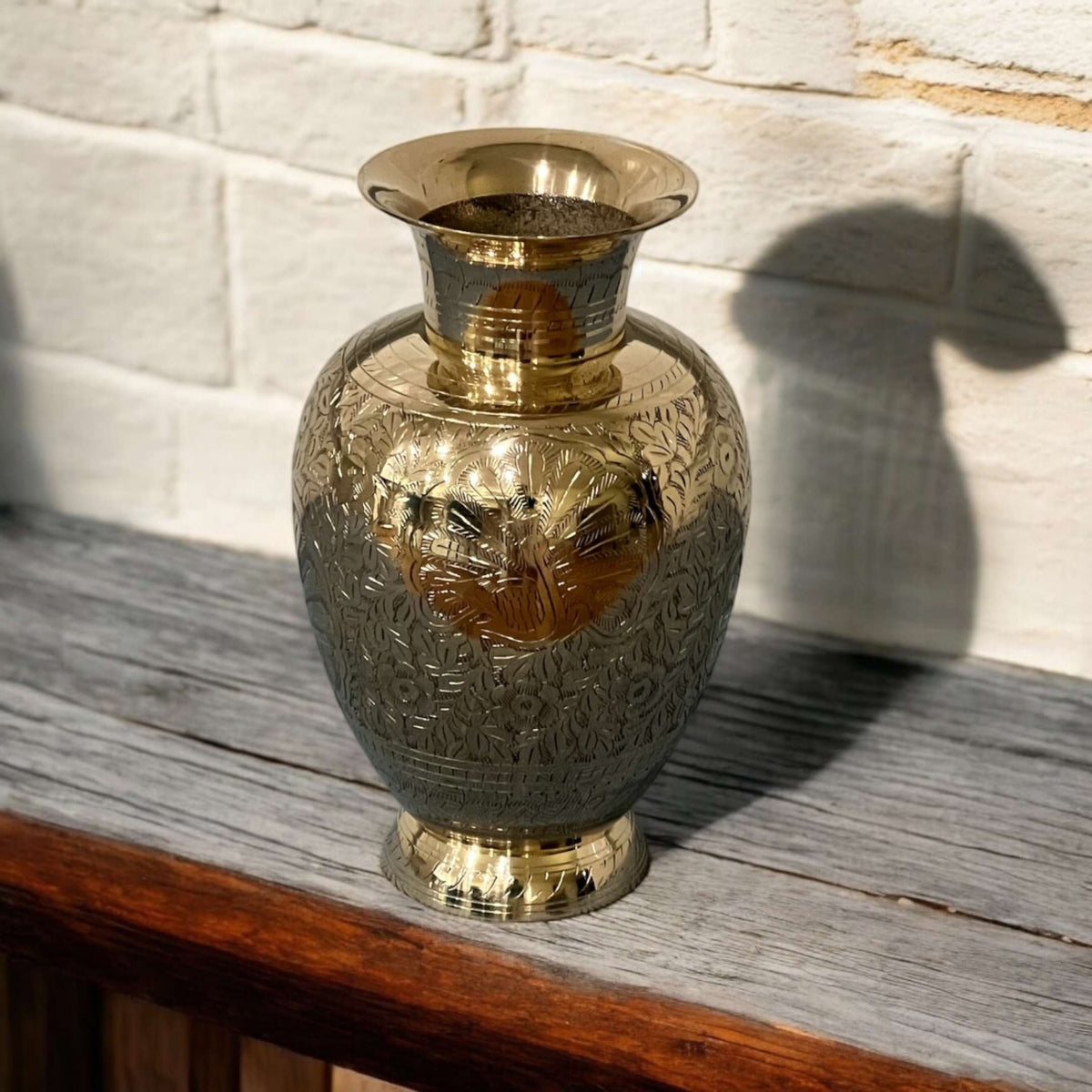 Handmade Brass Vase - 11.5in Tall, Hand-Engraved Gold Tone