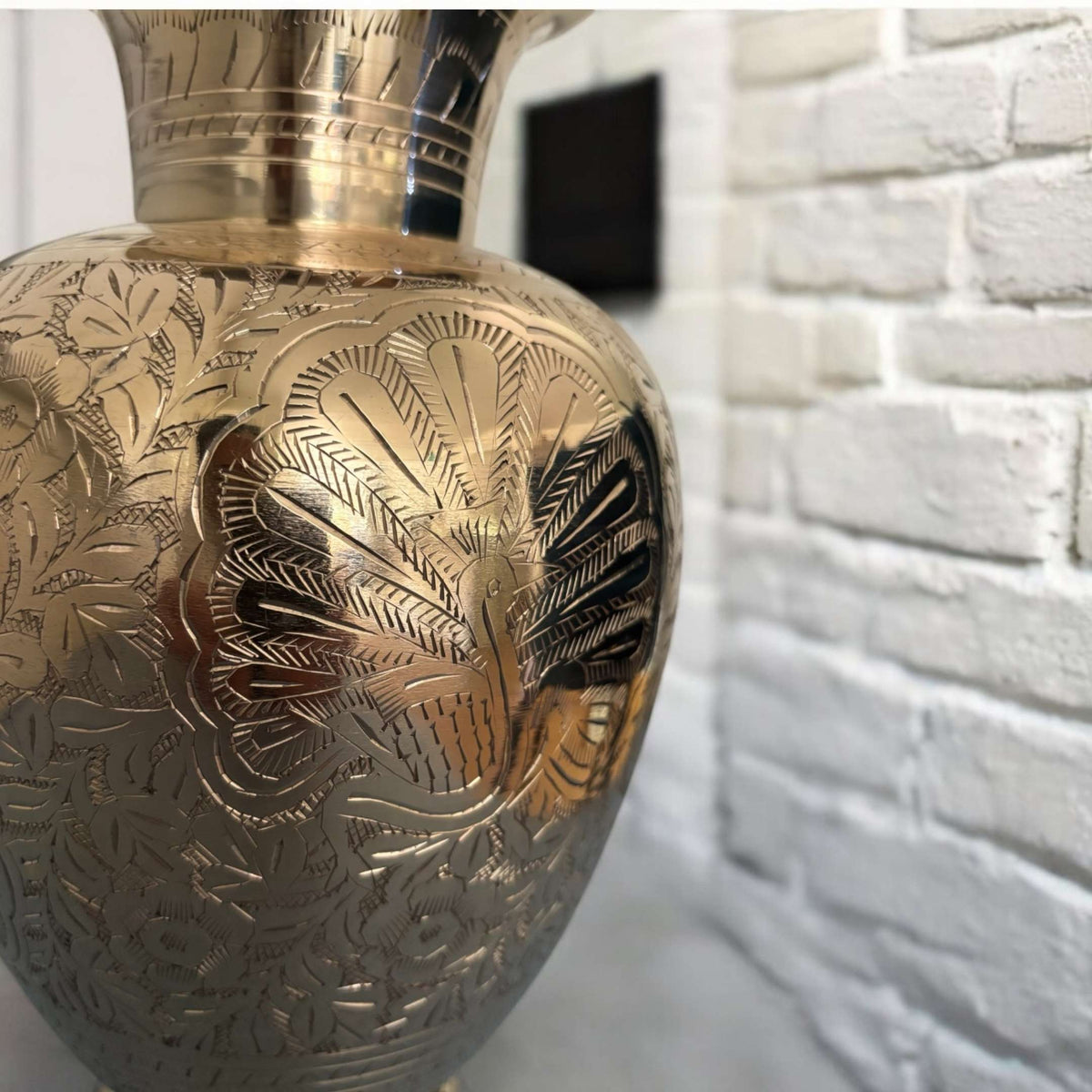 Handmade Brass Vase - 11.5in Tall, Hand-Engraved Gold Tone